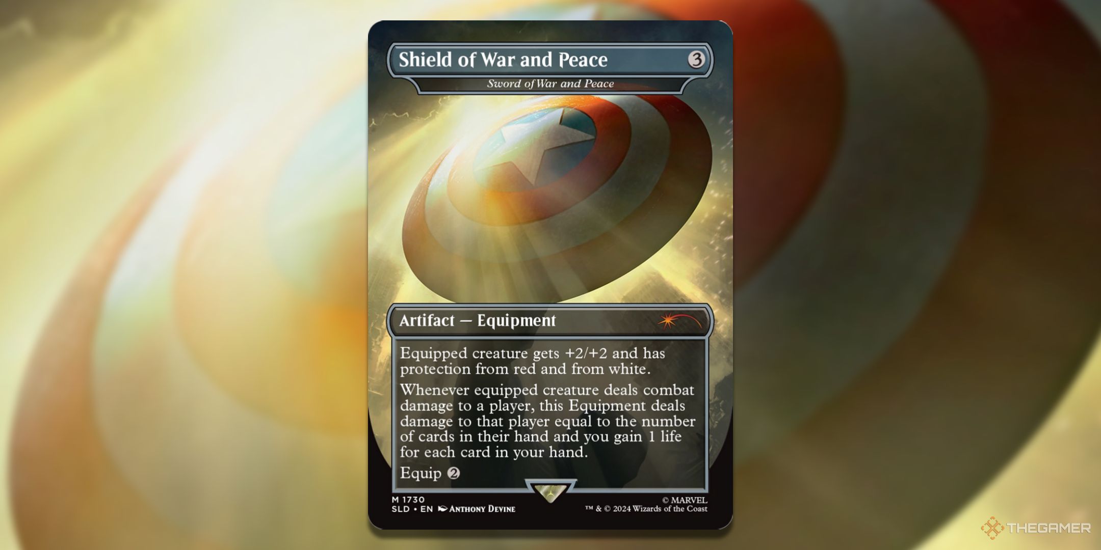 MTG Shield of War and Peace card with the art in the background.