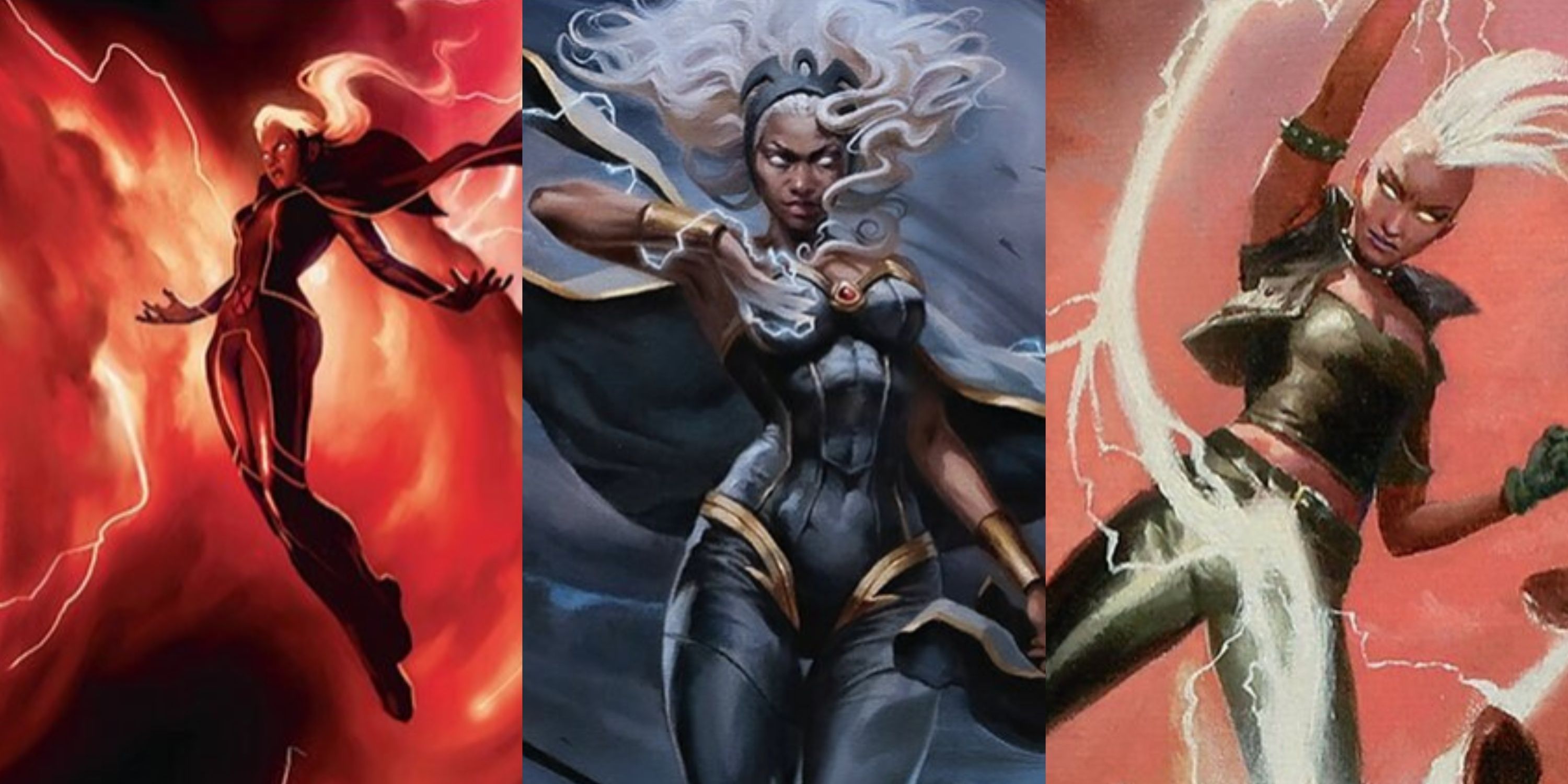 Card artwork for Storm's Will, Storm Force of Nature, and Lightning Bolt.