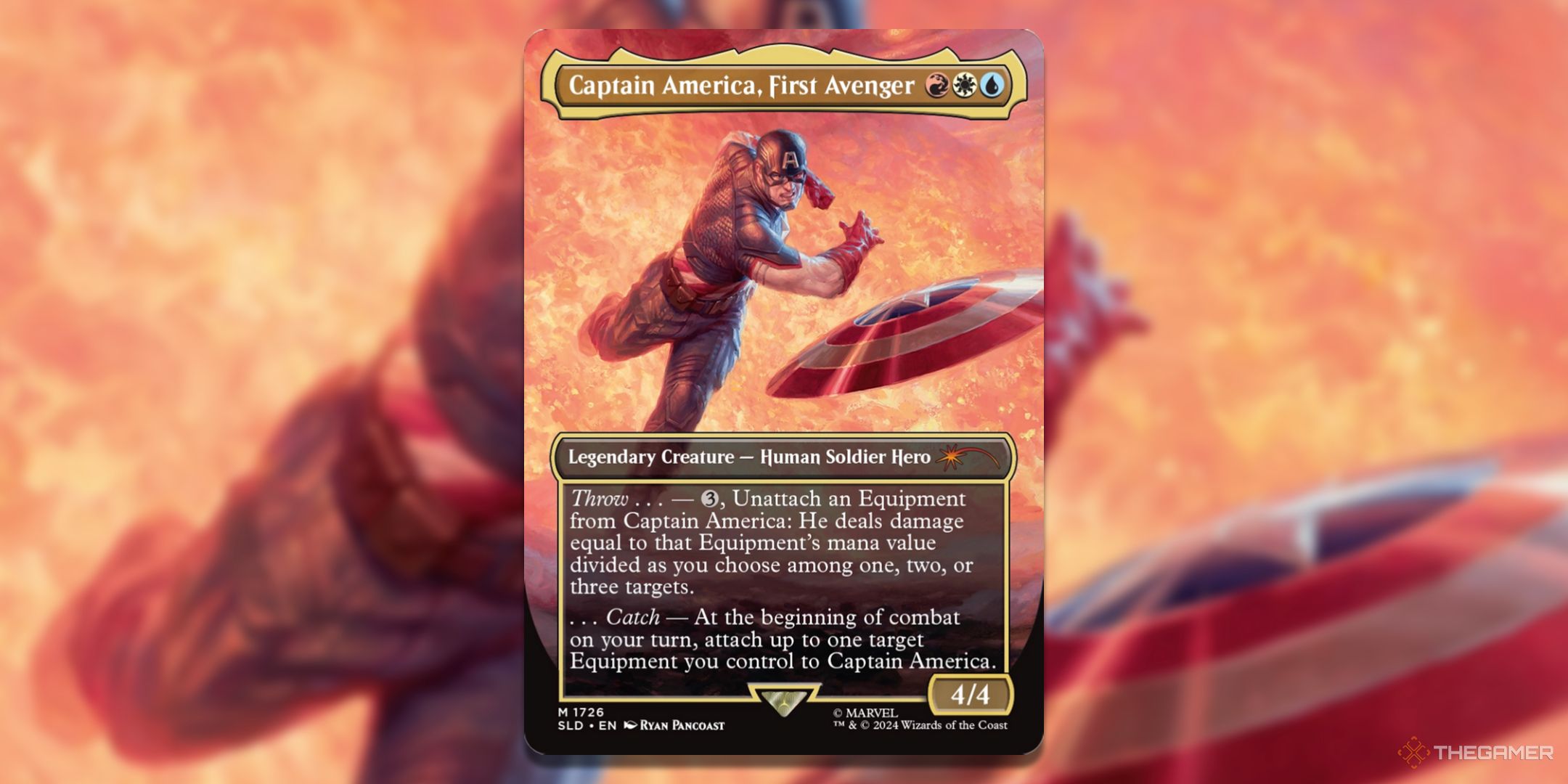 MTG Captain America, First Avenger card with the art in the background.