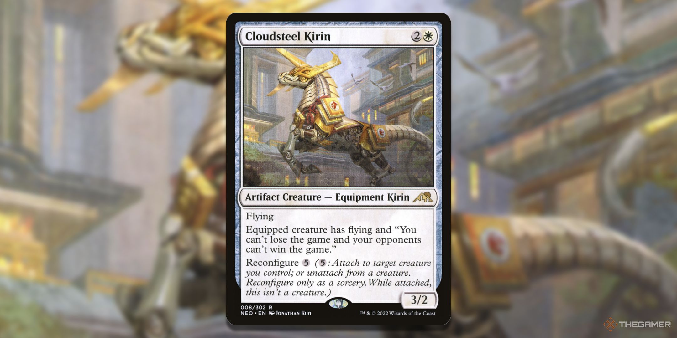 MTG Cloudsteel Kirin card with the art in the background.