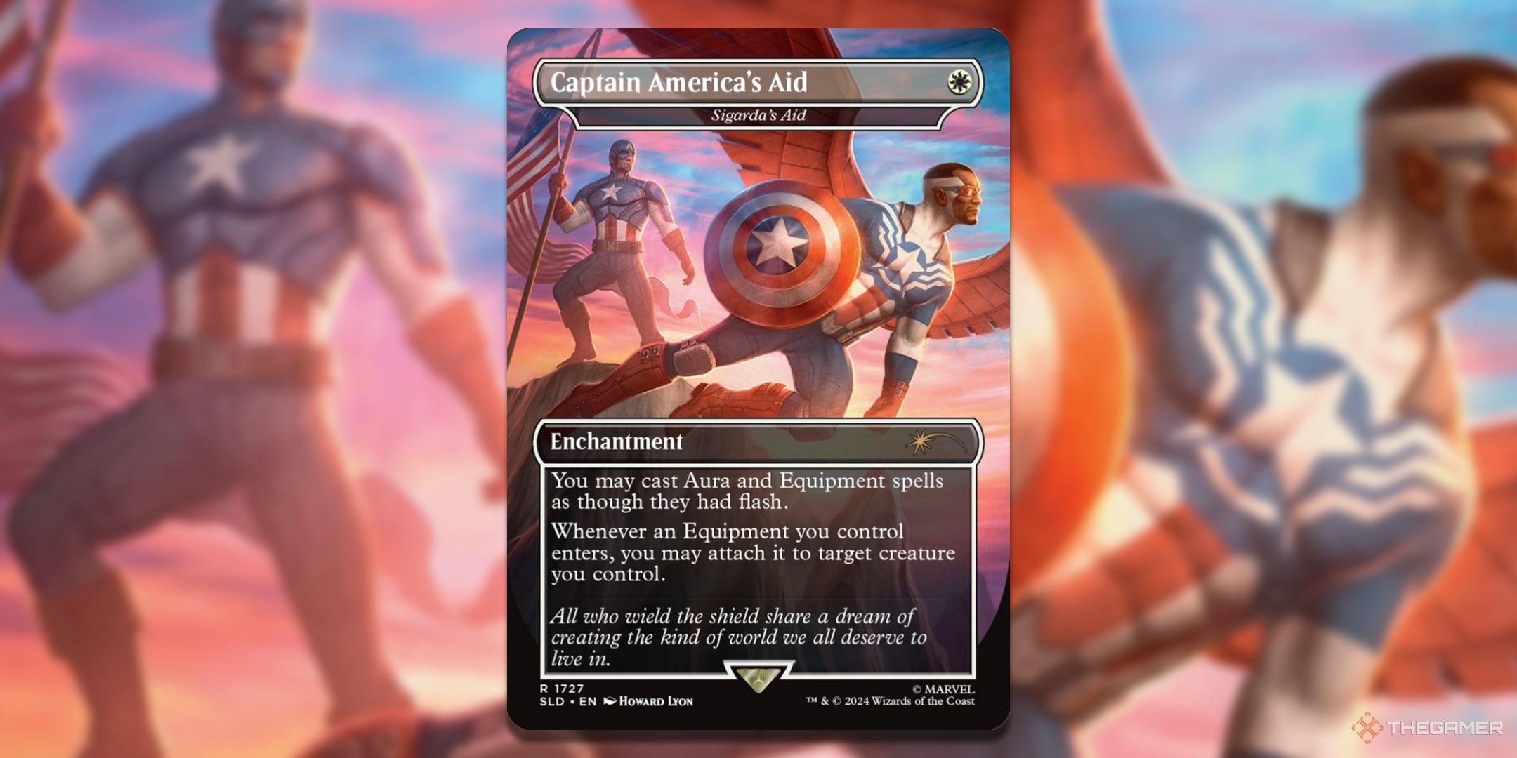 MTG Captain America's Aid card with the art in the background.