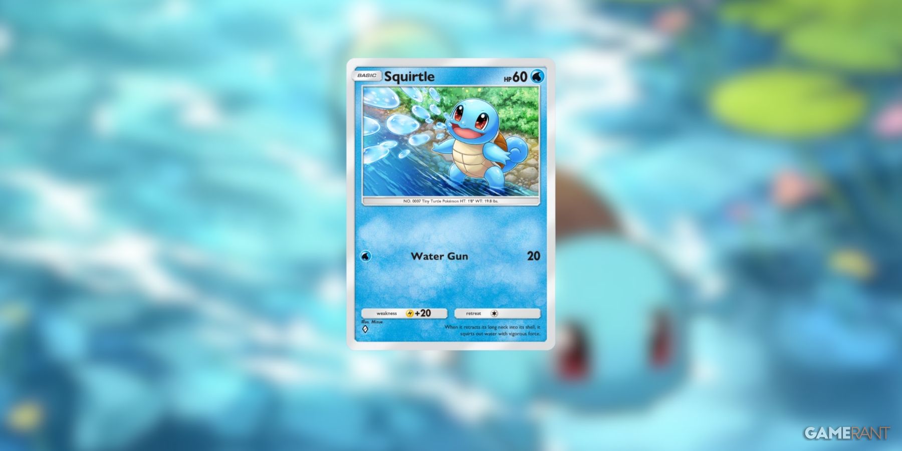 Squirtle card with water gun attack, blue background in Pokemon TCG Pocket