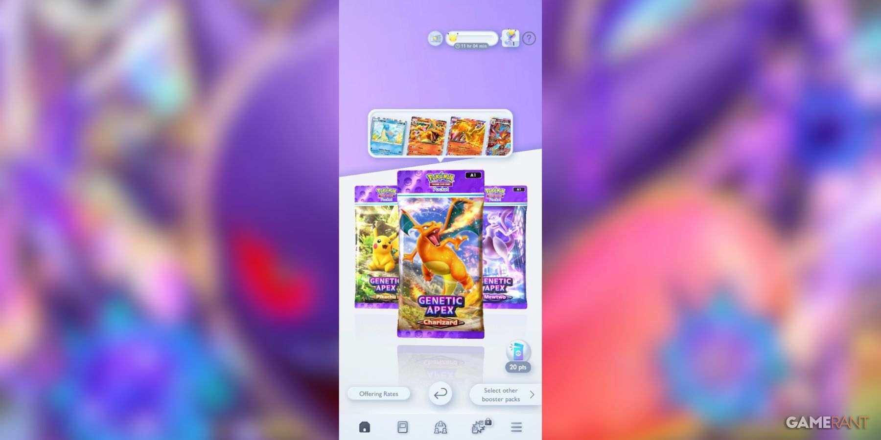 Genetic Apex booster pack selection with Charizard and Mewtwo designs in Pokemon TCG Pocket