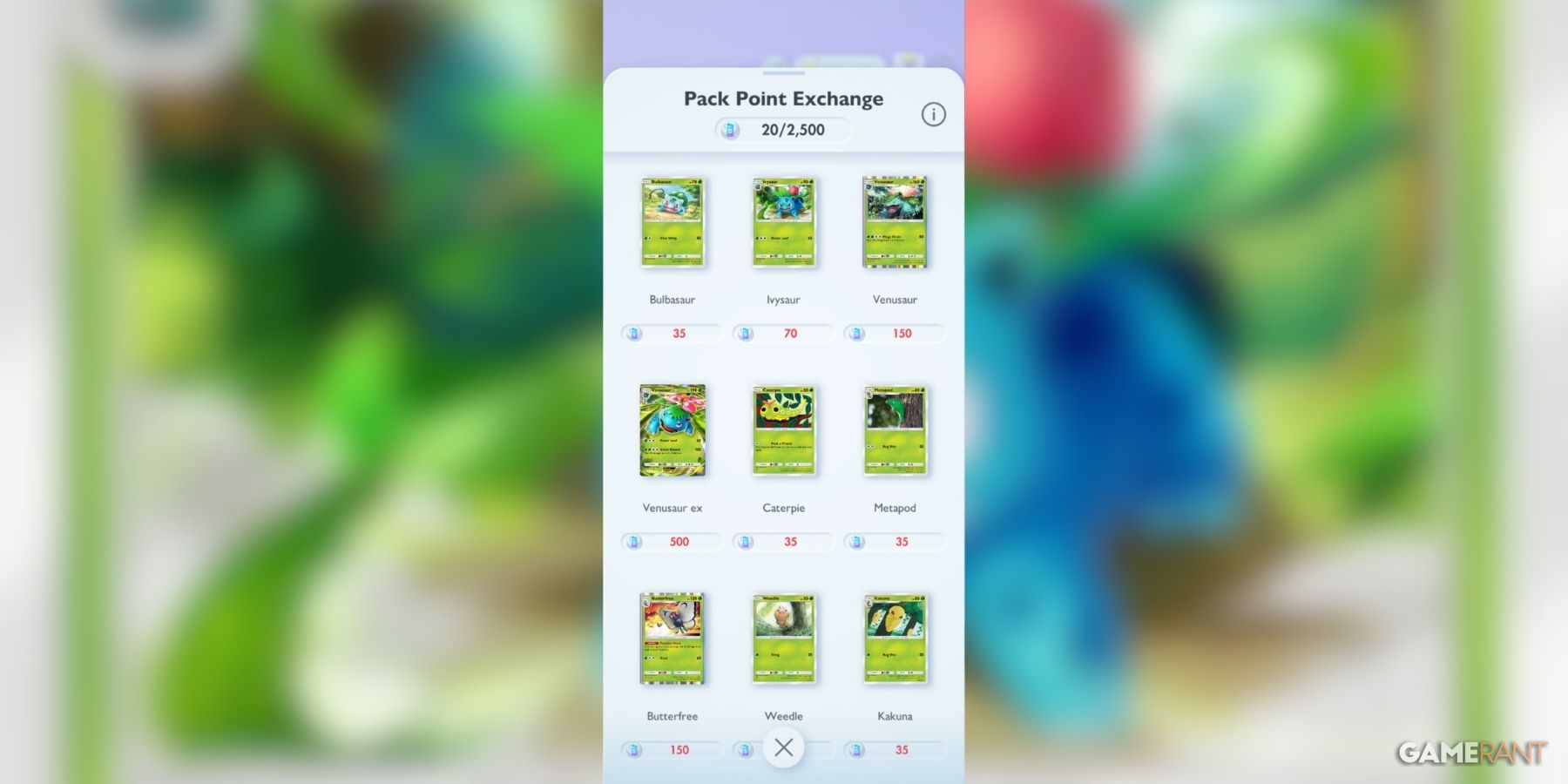 Pack Point Exchange screen with Bulbasaur line and other Pokemon cards in Pokemon TCG Pocket