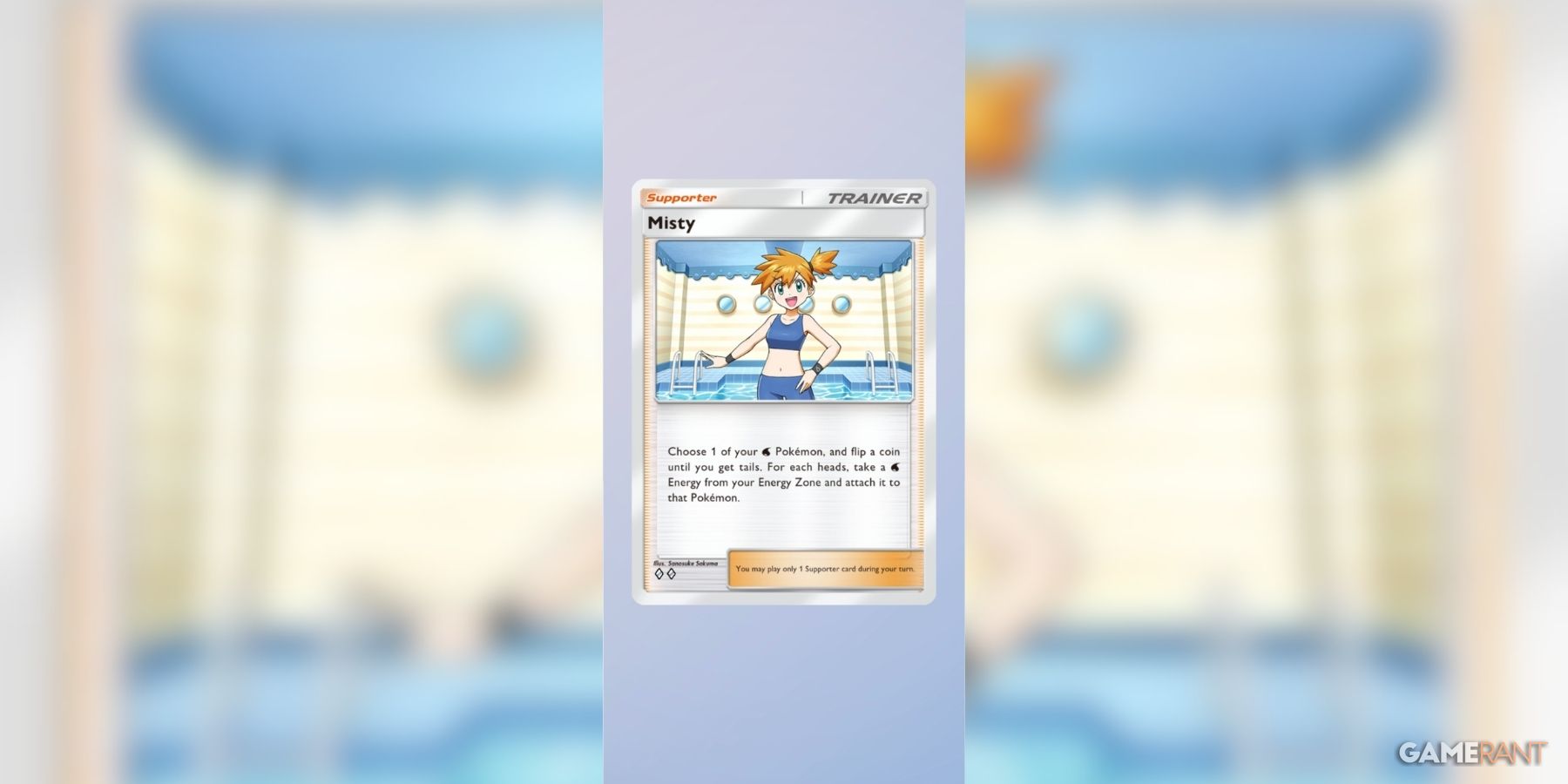 Misty trainer card with energy boost description, supporter role in Pokemon TCG Pocket