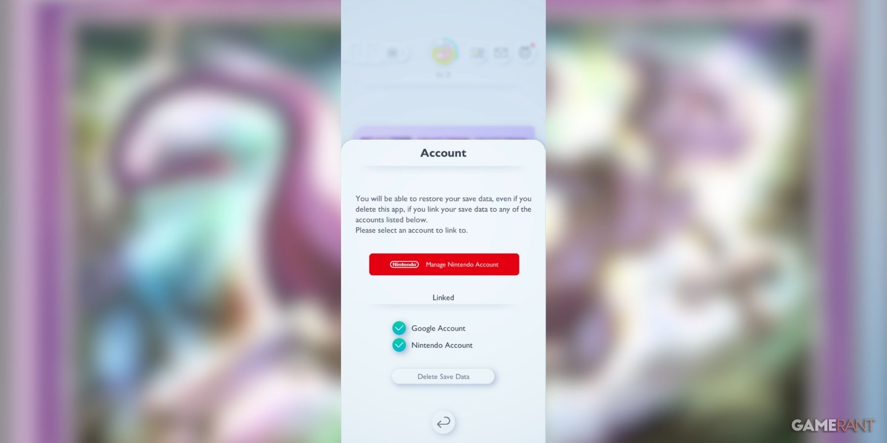 Account linking screen showing Google and Nintendo options in Pokemon TCG Pocket