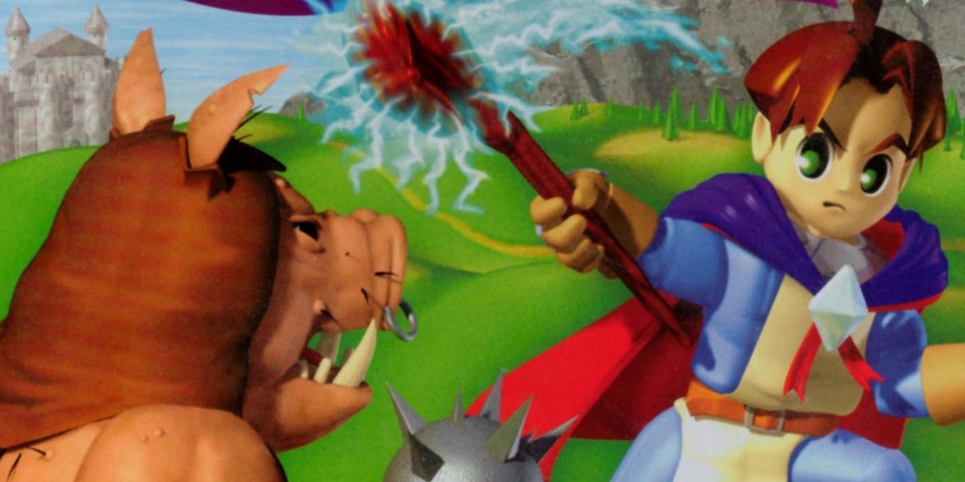 a mage character casting a spell on a pig-like enemy on the cover of quest64.