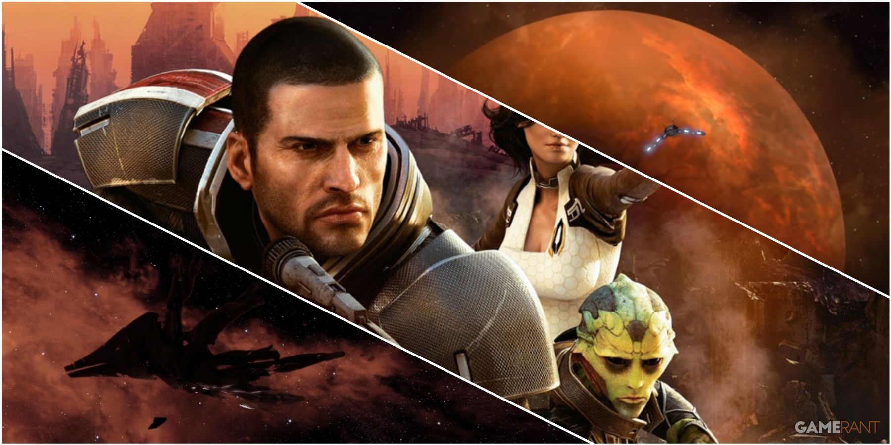 A Collage Showing Key Art & Key Frames Showing The Protagonists & Derelict Reaper From Mass Effect 2