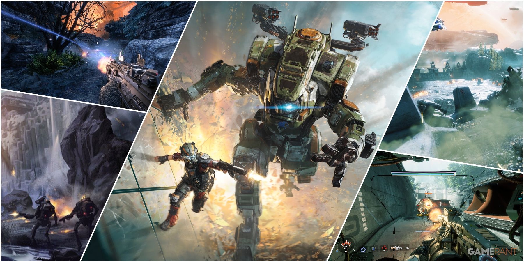 A Collage Of Key Art & Key Frames Showing Enemies Firing At The Protagonist In Titanfall 2