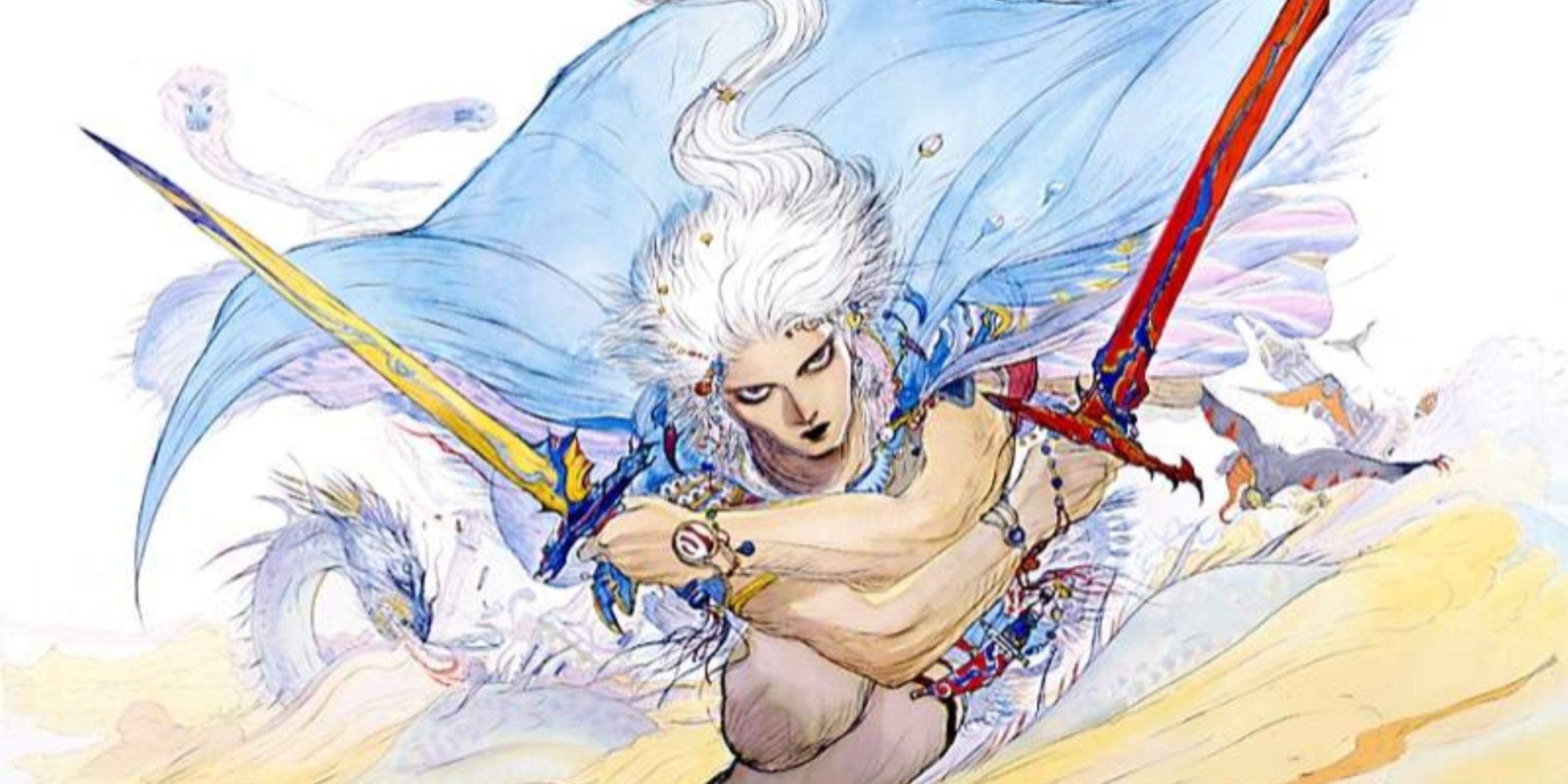 White-haired man lunges forward with two blades.