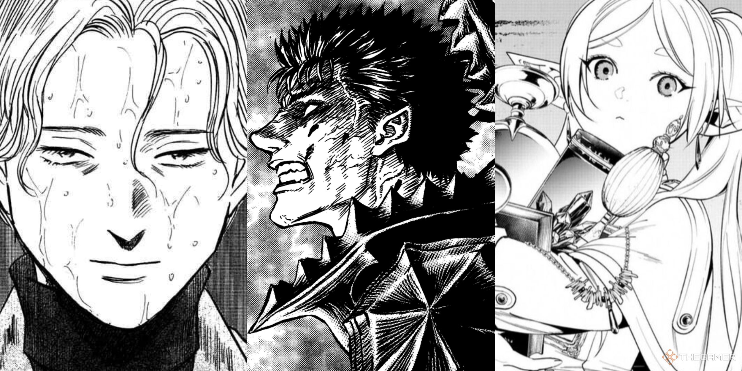 A collage of images showcasing panels from Monster, Berserk, and Frieren: Beyond Journey's End