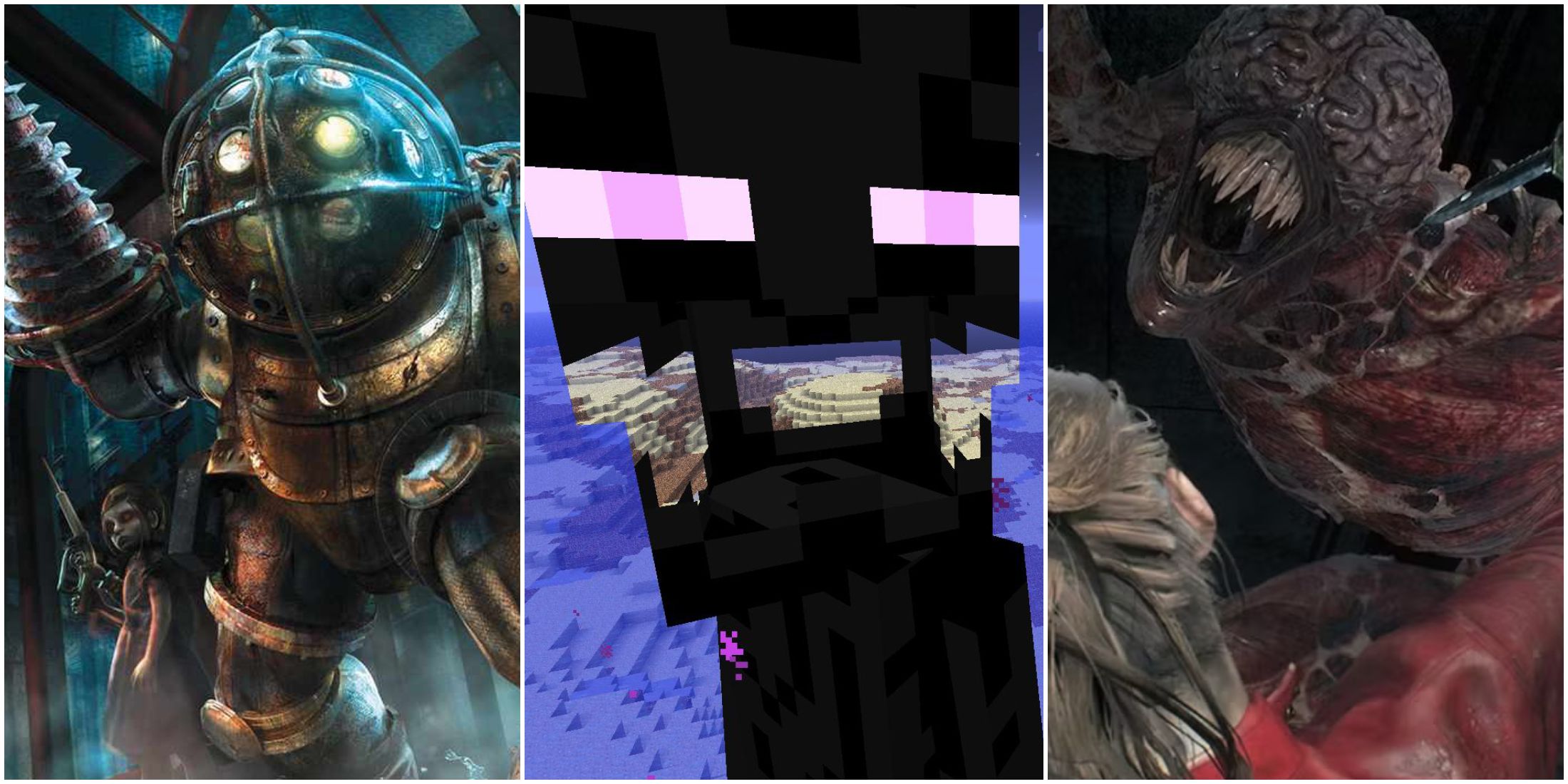 A Big Daddy and Little Sister, an Enderman, and Claire Redfield being attacked by a Licker inBioshock 2, Minecraft, Resident Evil 2