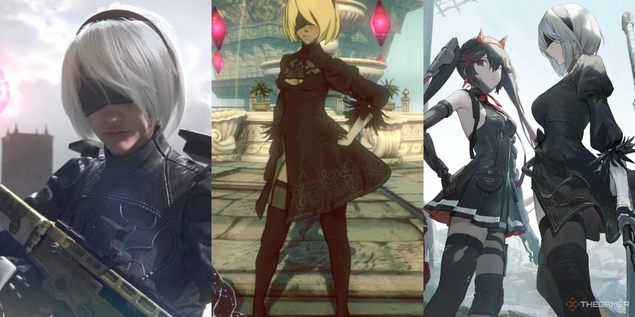 2B holding a gun in Rainbow Six Siege, Kat wearing the 2B outfit in Gravity Rush 2, and 2B with another character in artwork for Punishing Gray raven.