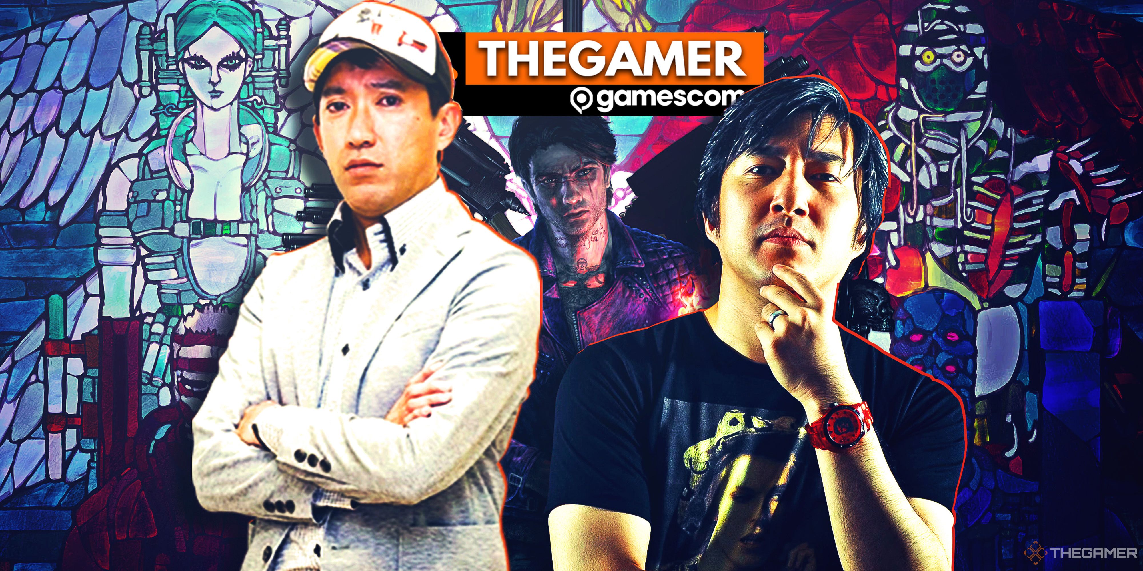 A collage showing Shinji Mikami on the left, Suda51 on the right, and the new artwork of Shadows of the Damned.