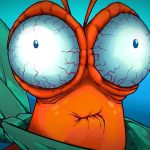 Another Crab's Treasure trailer screenshot showing a cartoon-like crab with wide, vein-y eyes and a painful expression