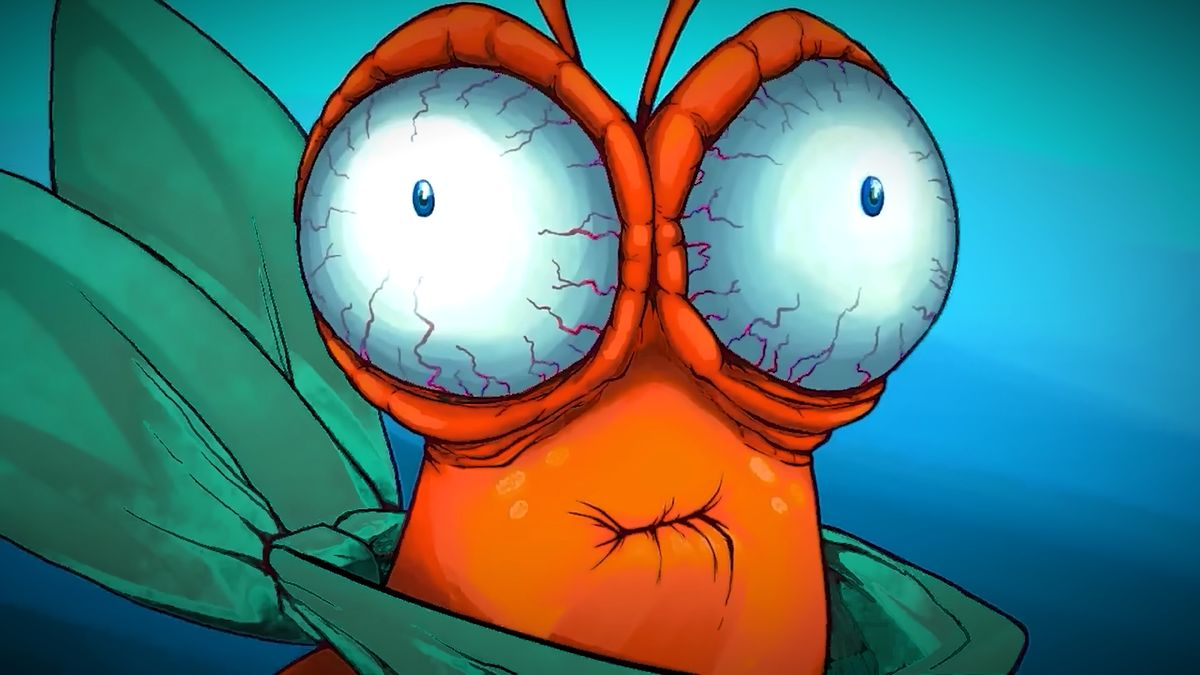 Another Crab's Treasure trailer screenshot showing a cartoon-like crab with wide, vein-y eyes and a painful expression