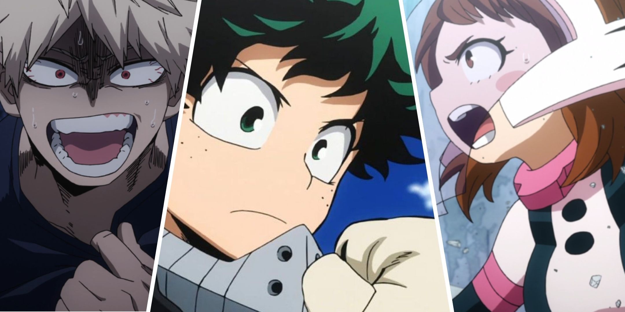 Bakugo, Midoriya, and Uraraka in My Hero Academia.