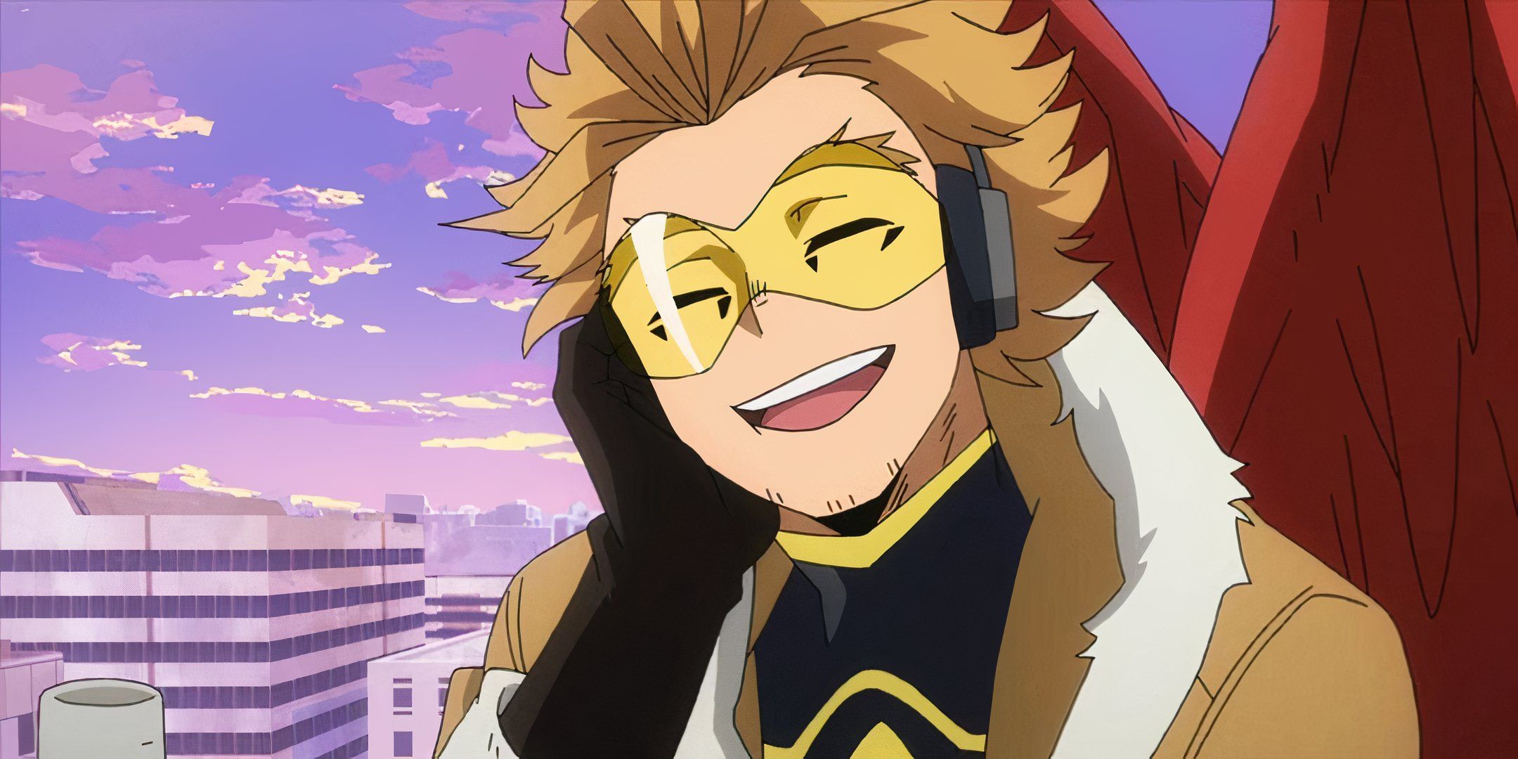 Hawks from My Hero Academia resting his cheek on his palm, smiling with his eyes closed.