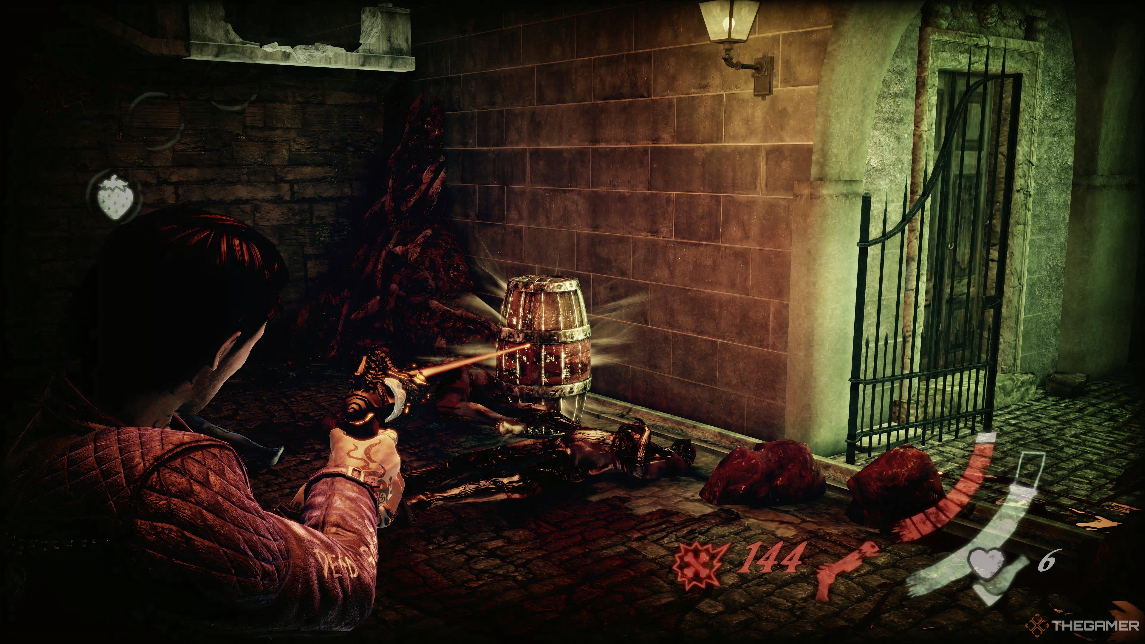 Garcia aiming at an exploding barrel in Shadows of the Damned: Hella Remastered.