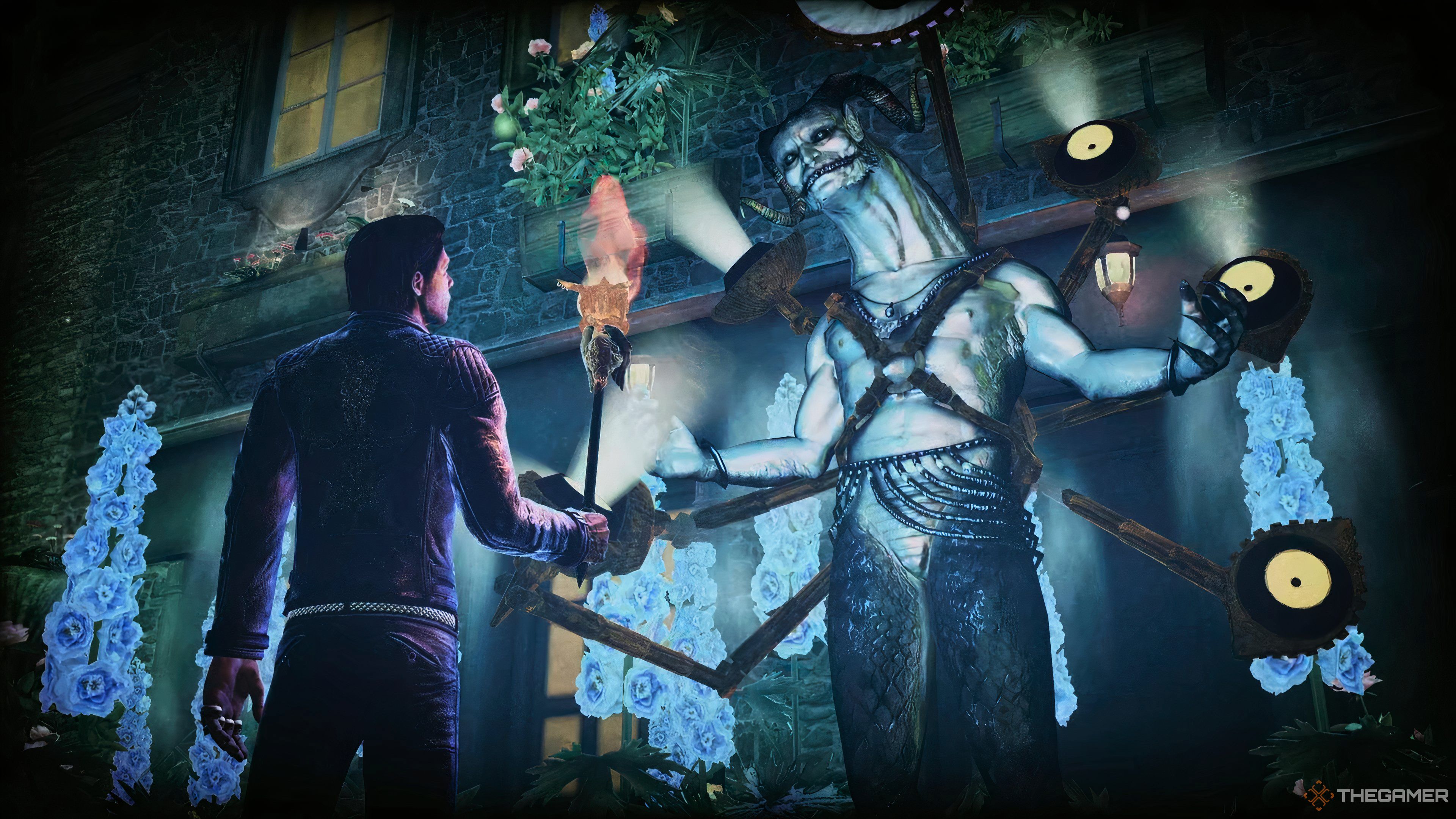 Garcia approaching Christopher the shopkeeper in Shadows of the Damned: Hella Remastered.