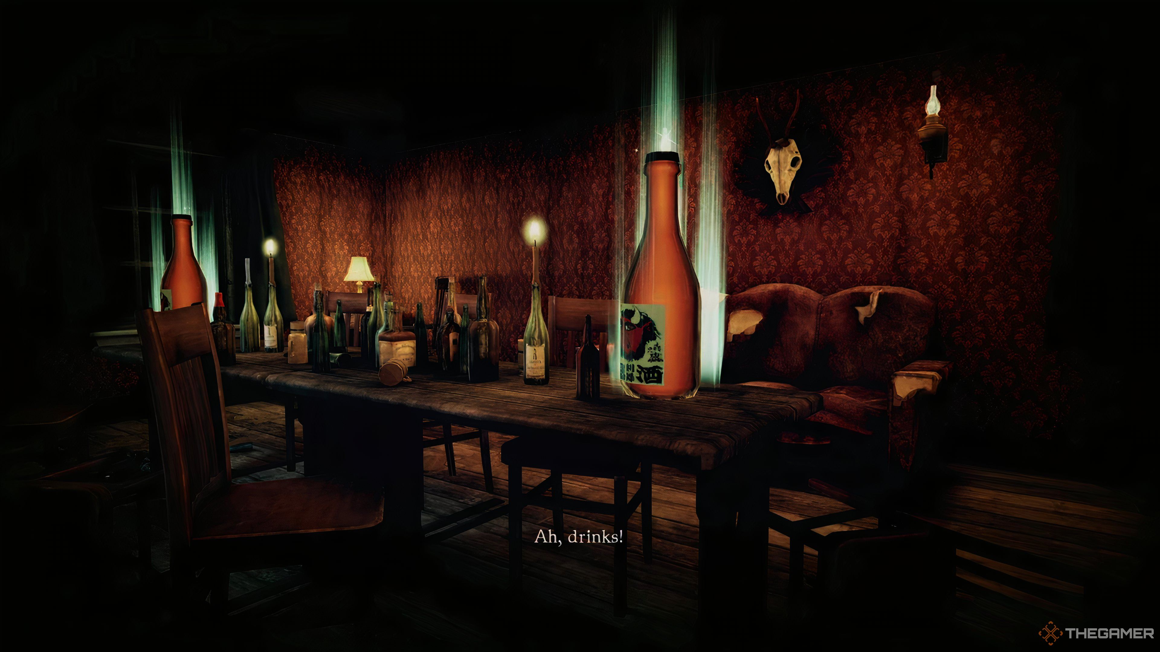 Drinks floating over a table in Shadows of the Damned: Hella Remastered.