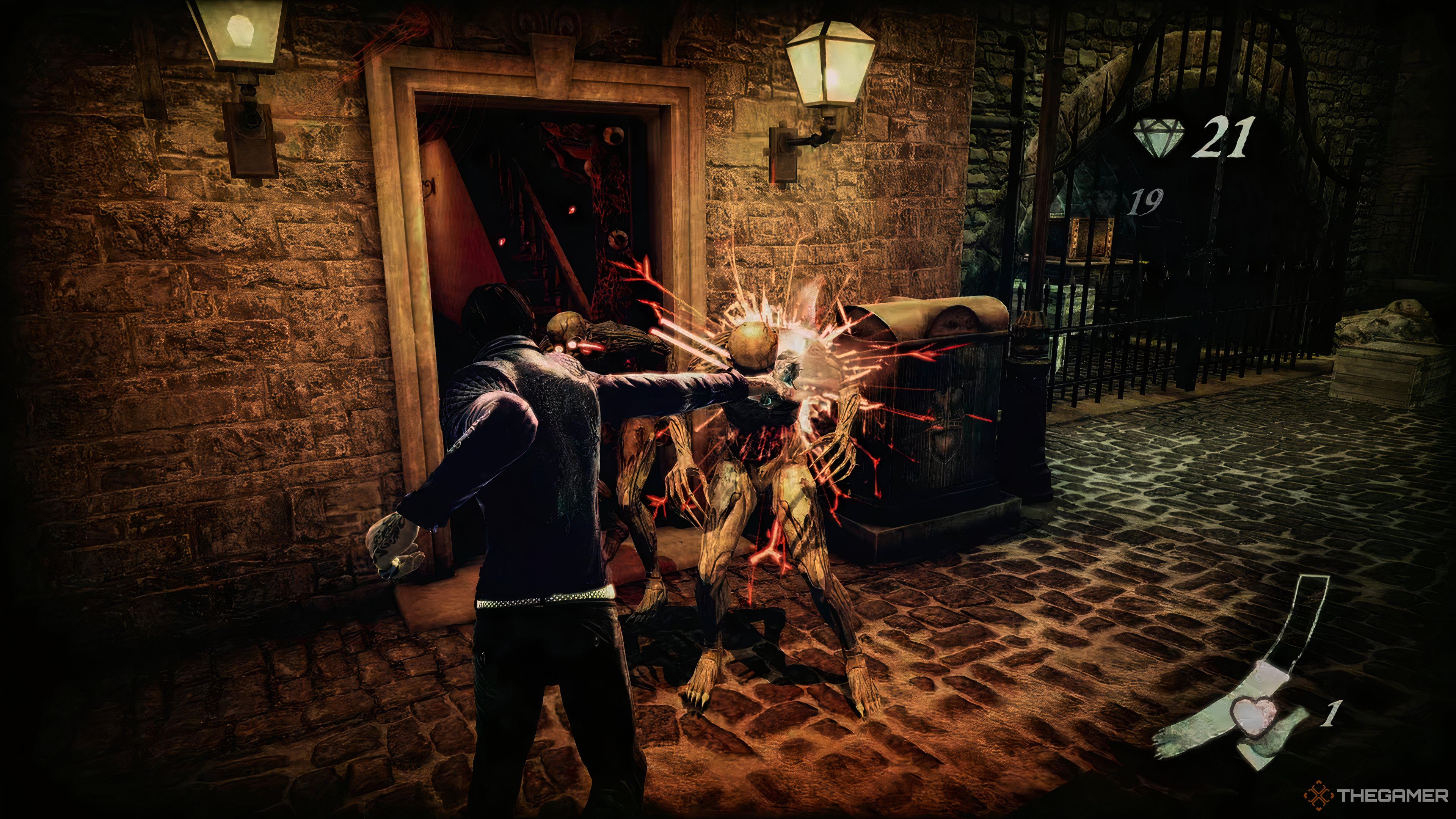 Garcia using a melee attack in Shadows of the Damned: Hella Remastered.