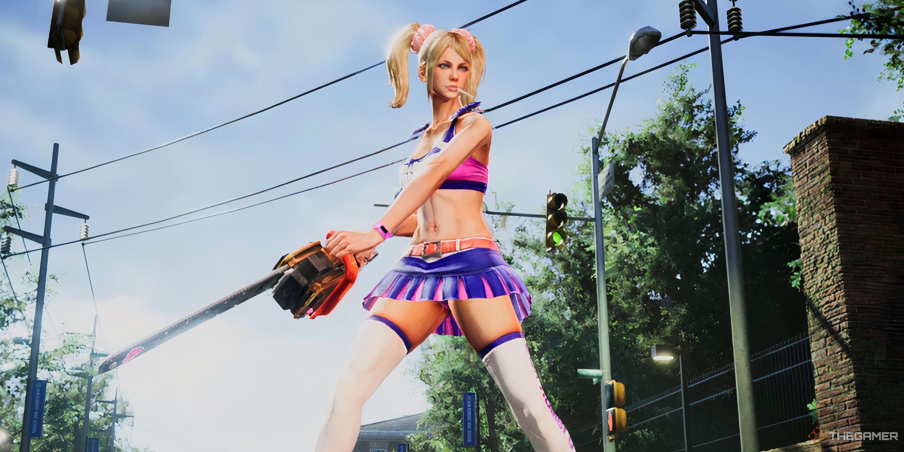 Juliet posing with her chainsaw in Lollipop Chainsaw: RePop.