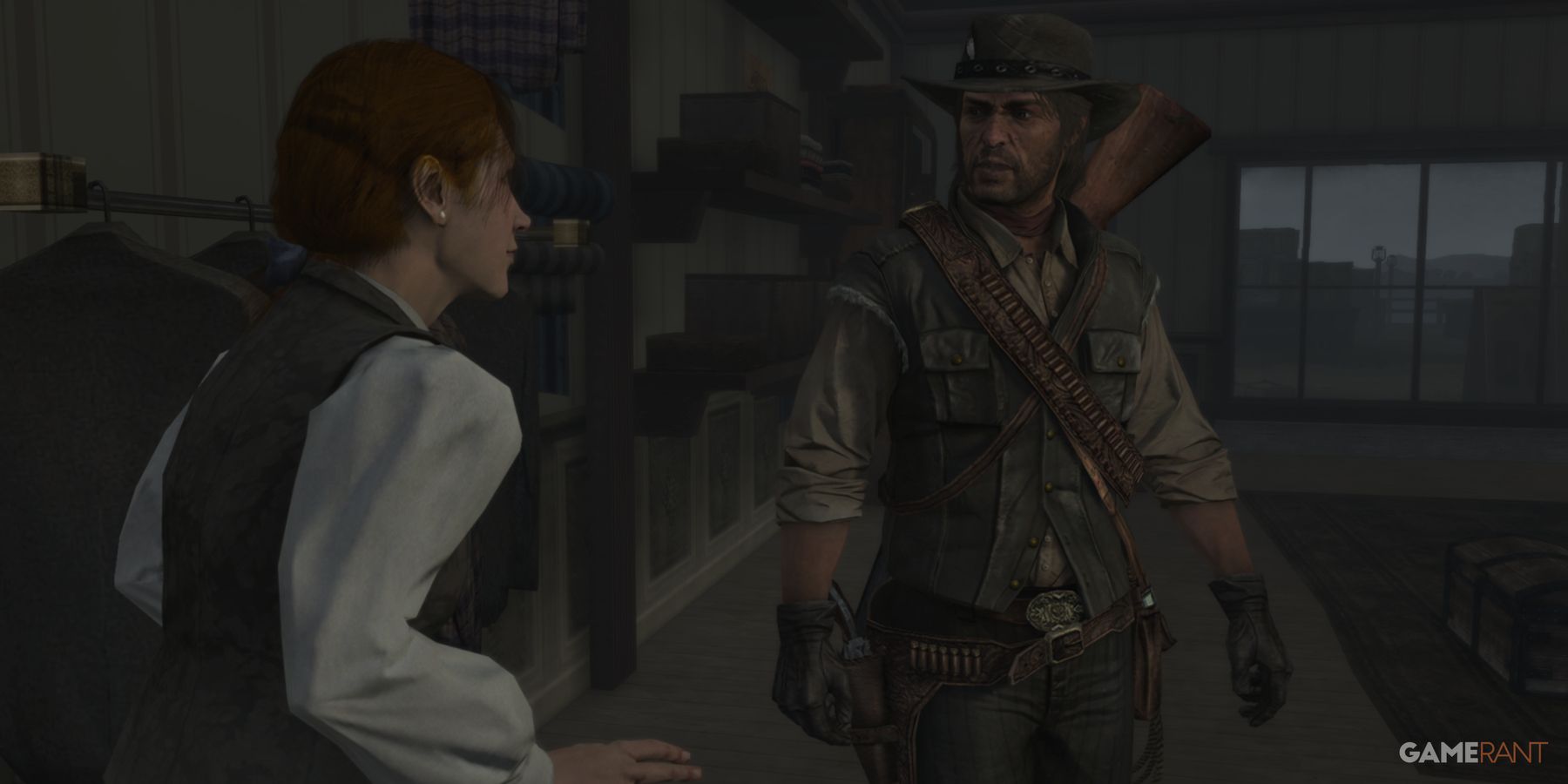 John Marston talking to a woman inside a building during the Undead Nightmare DLC