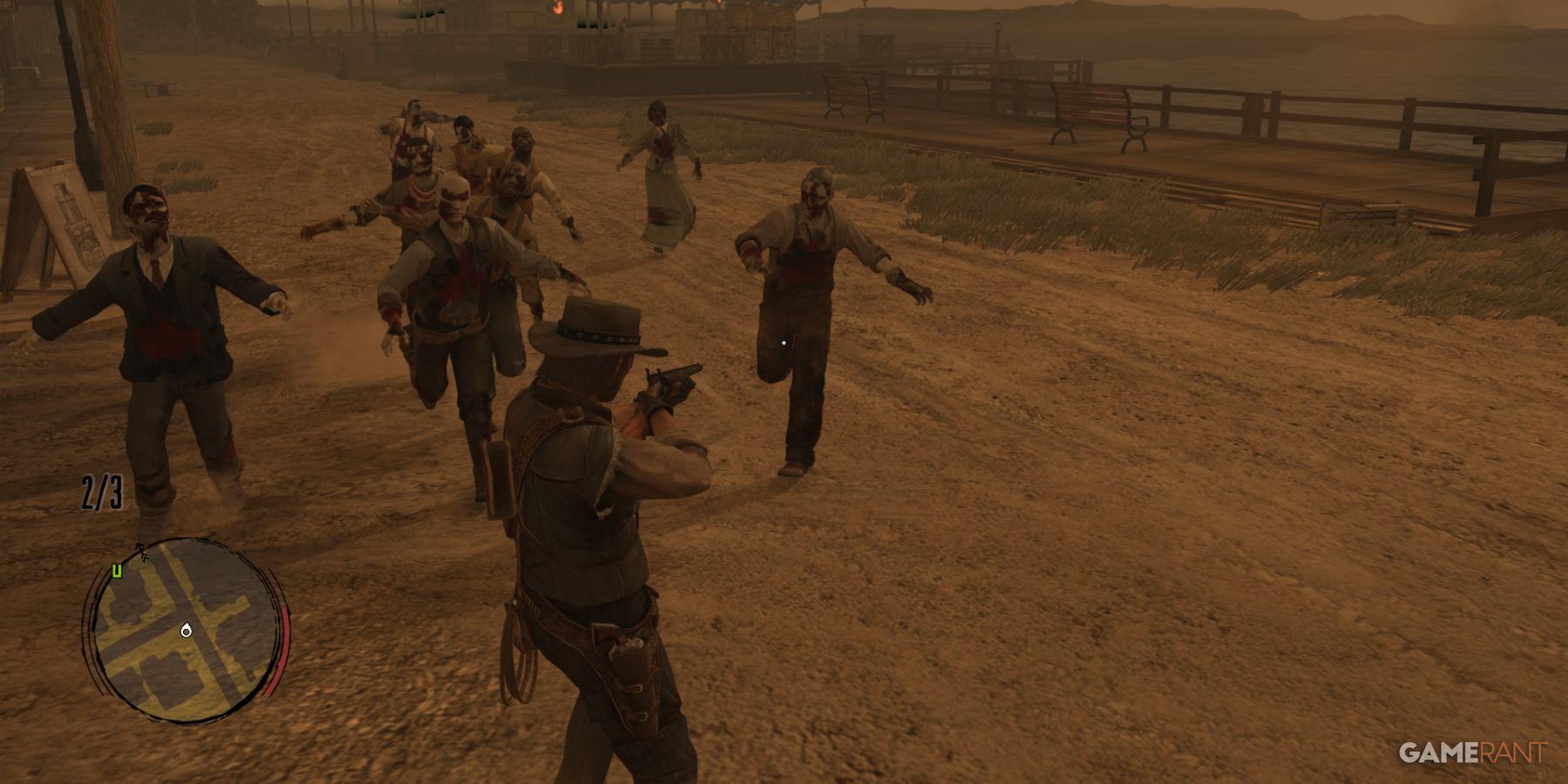 John Marston facing a group of zombies near the dock, aiming his revolver