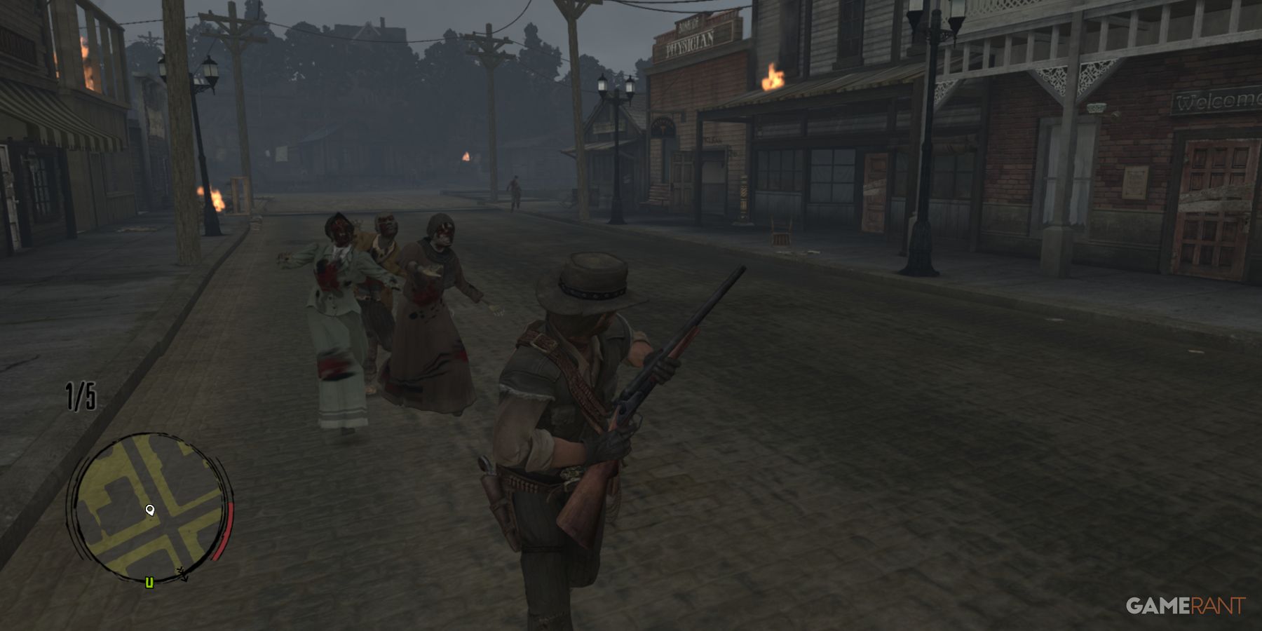 John Marston reloading his weapon while zombies chase him down an empty street