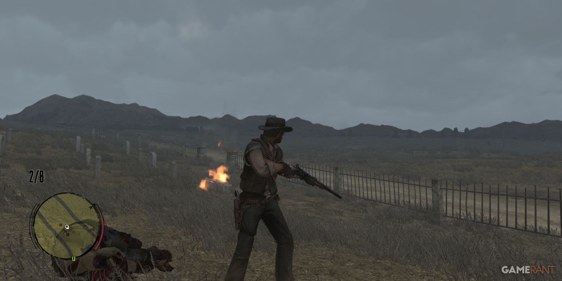 John Marston aiming a rifle in a field, with zombies on fire nearby