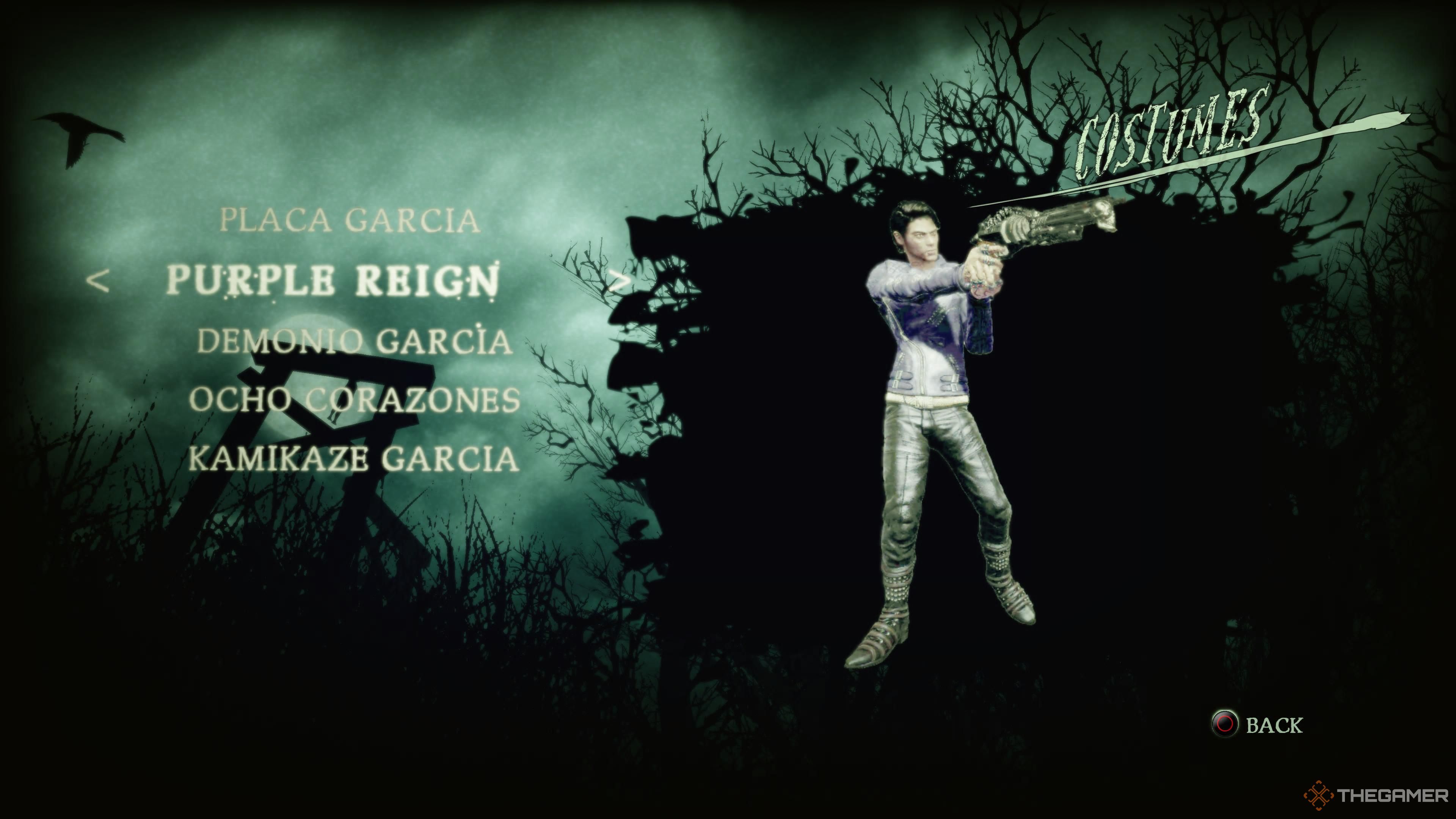 The Purple Reign costume for Garcia in the costume selection menu in Shadows of the Damned: Hella Remastered.