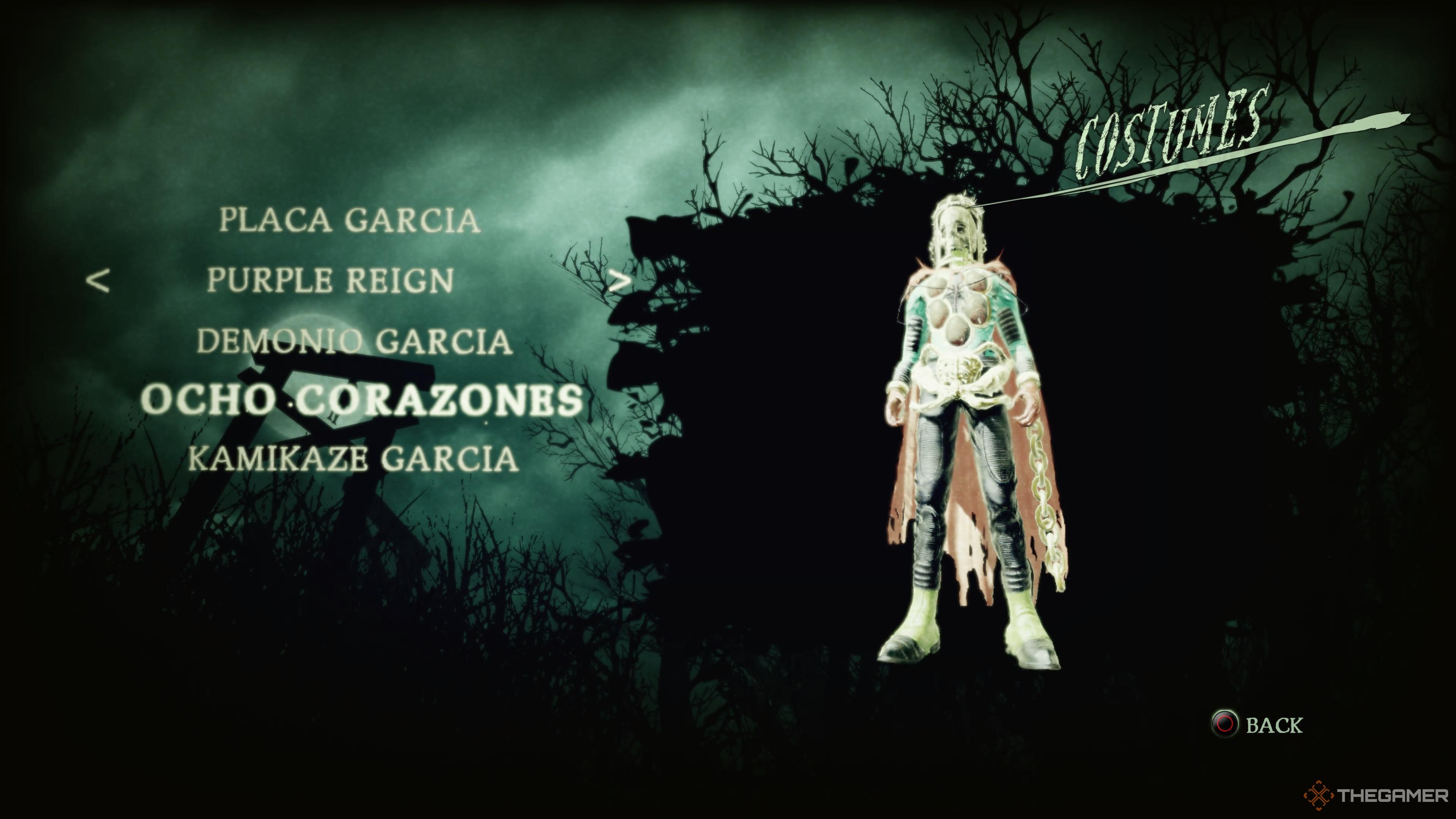 The Ocho Corazones costume for Garcia in the costume selection menu in Shadows of the Damned: Hella Remastered.