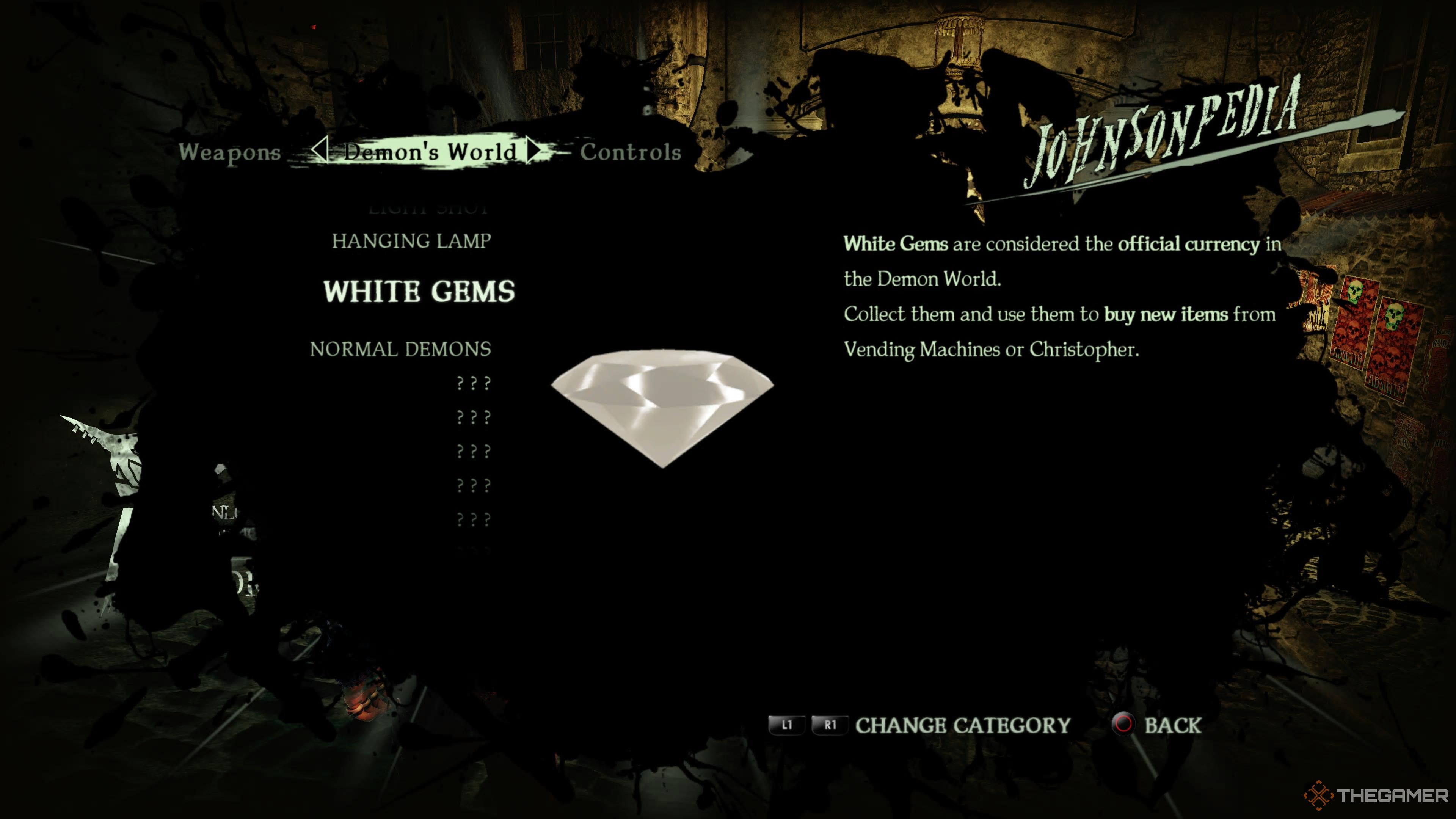 White Gems entry in the Johnsonpedia in Shadows of the Damned: Hella Remastered.