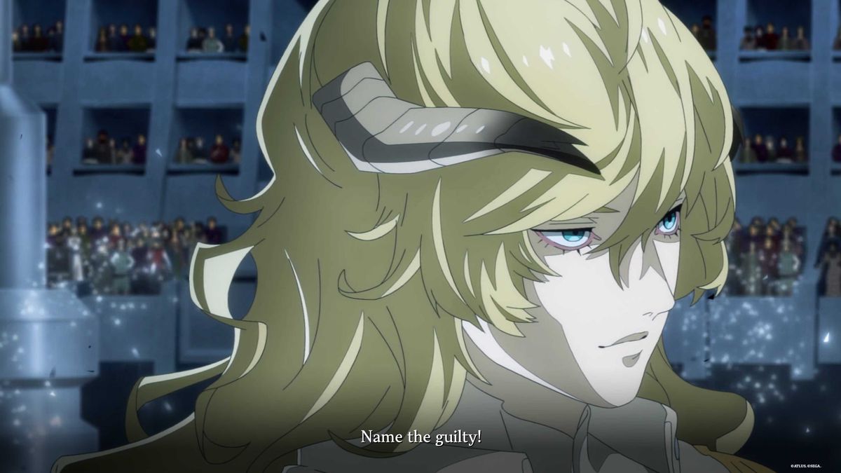 Count Louis in Metaphor: ReFantazio in an anime cutscene looking cooly smug. Text says: &quot;Name the guilty!&quot;