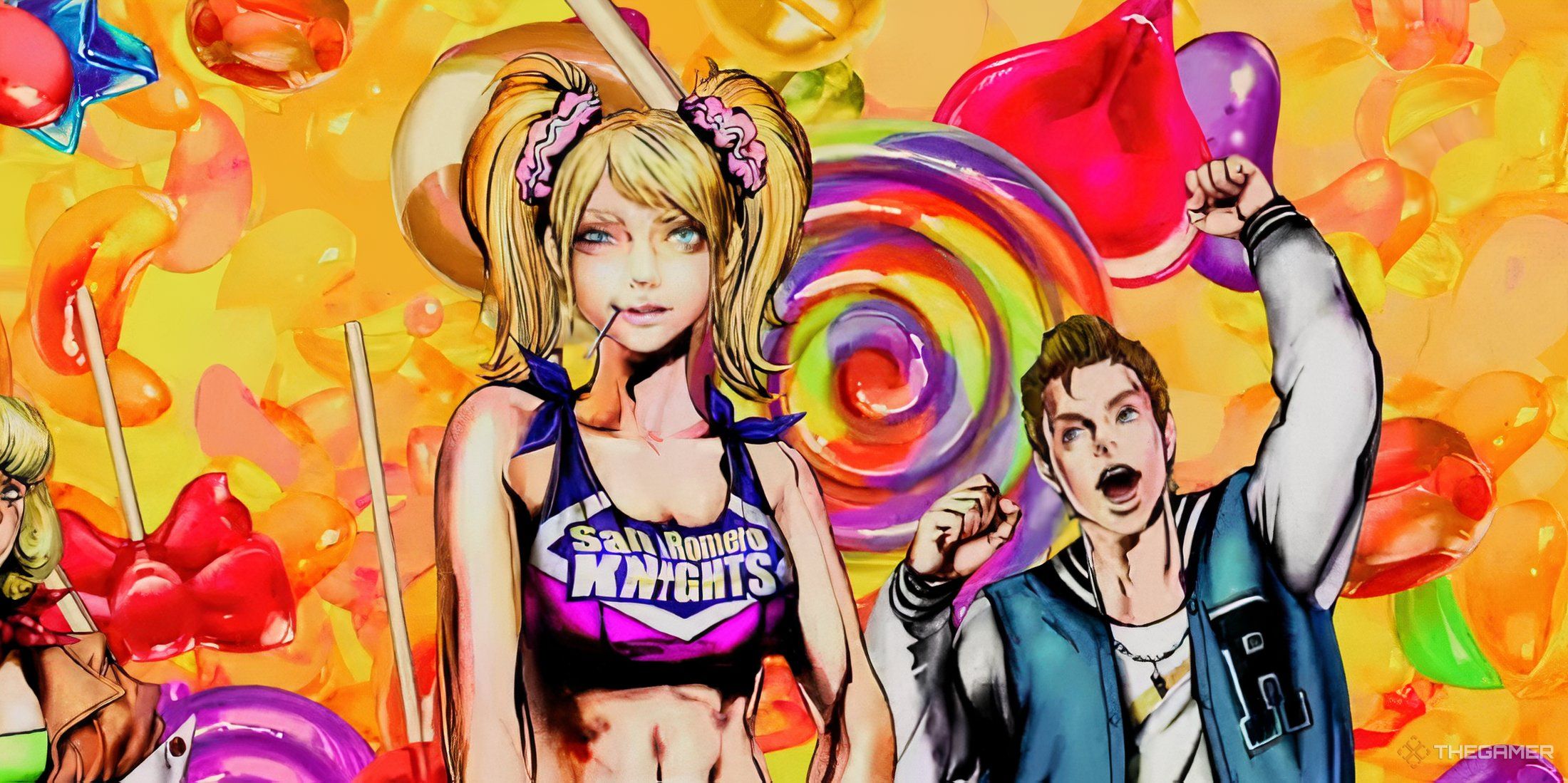 An image of Juliet and Nick from Lollipop Chainsaw RePop with Juliet looking into the camera and Nick jumping.