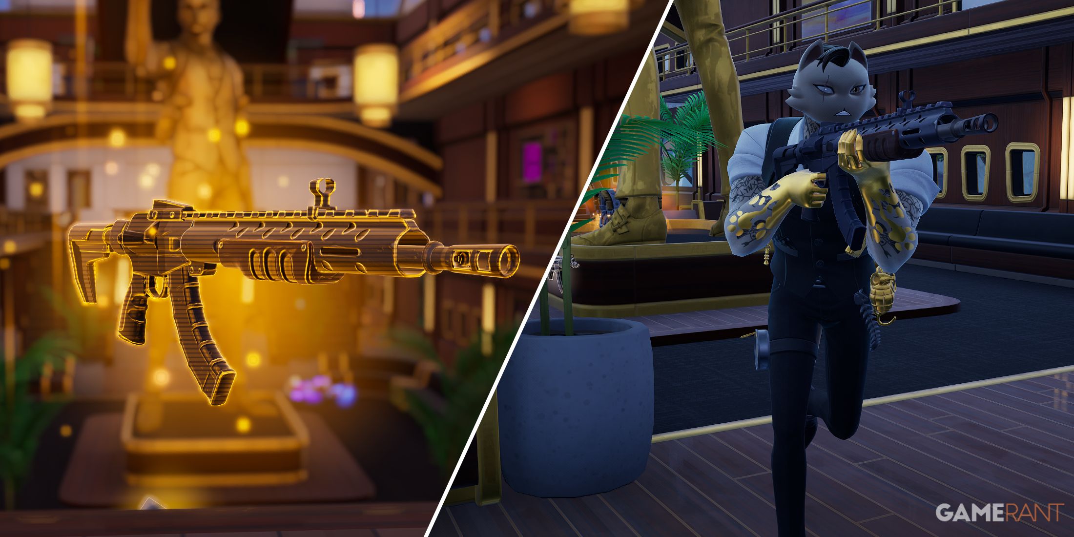 Split-image showcasing the Meowdas' Peow Peow Rifle Mythic in Fortnite