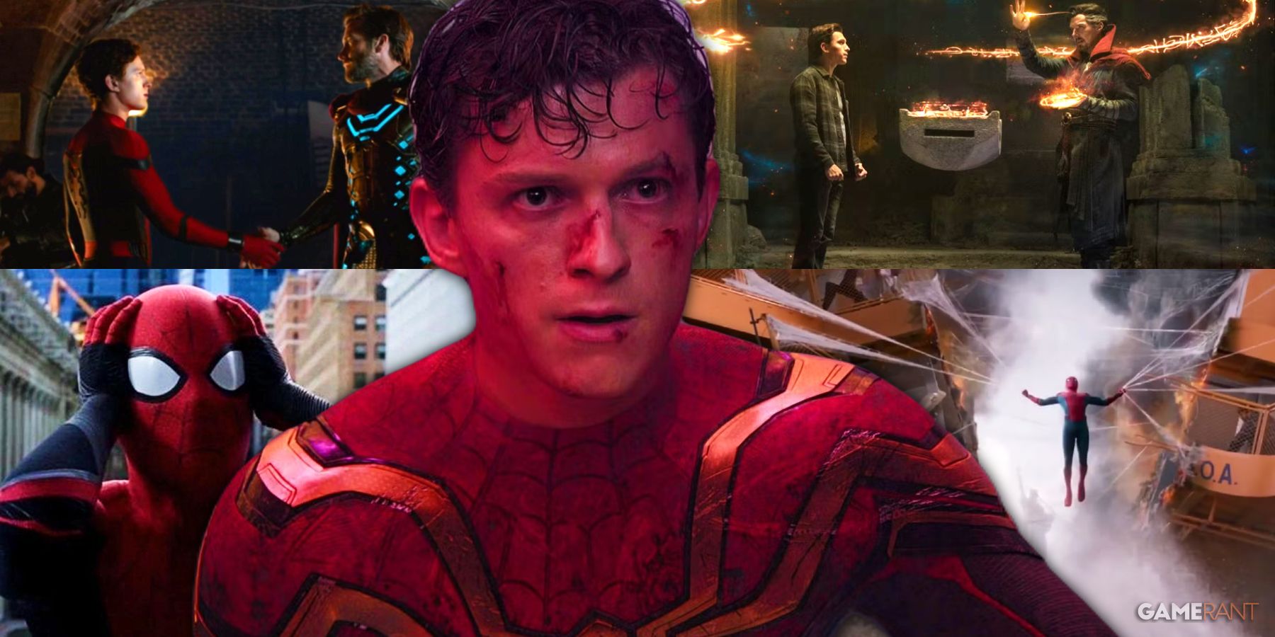 tom holland as peter parker/spider-man in spider: homecoming, spider-man: far from home, spider-man: no way home, jake gyllenhaal, benedict cumberbatch, doctor strange spell