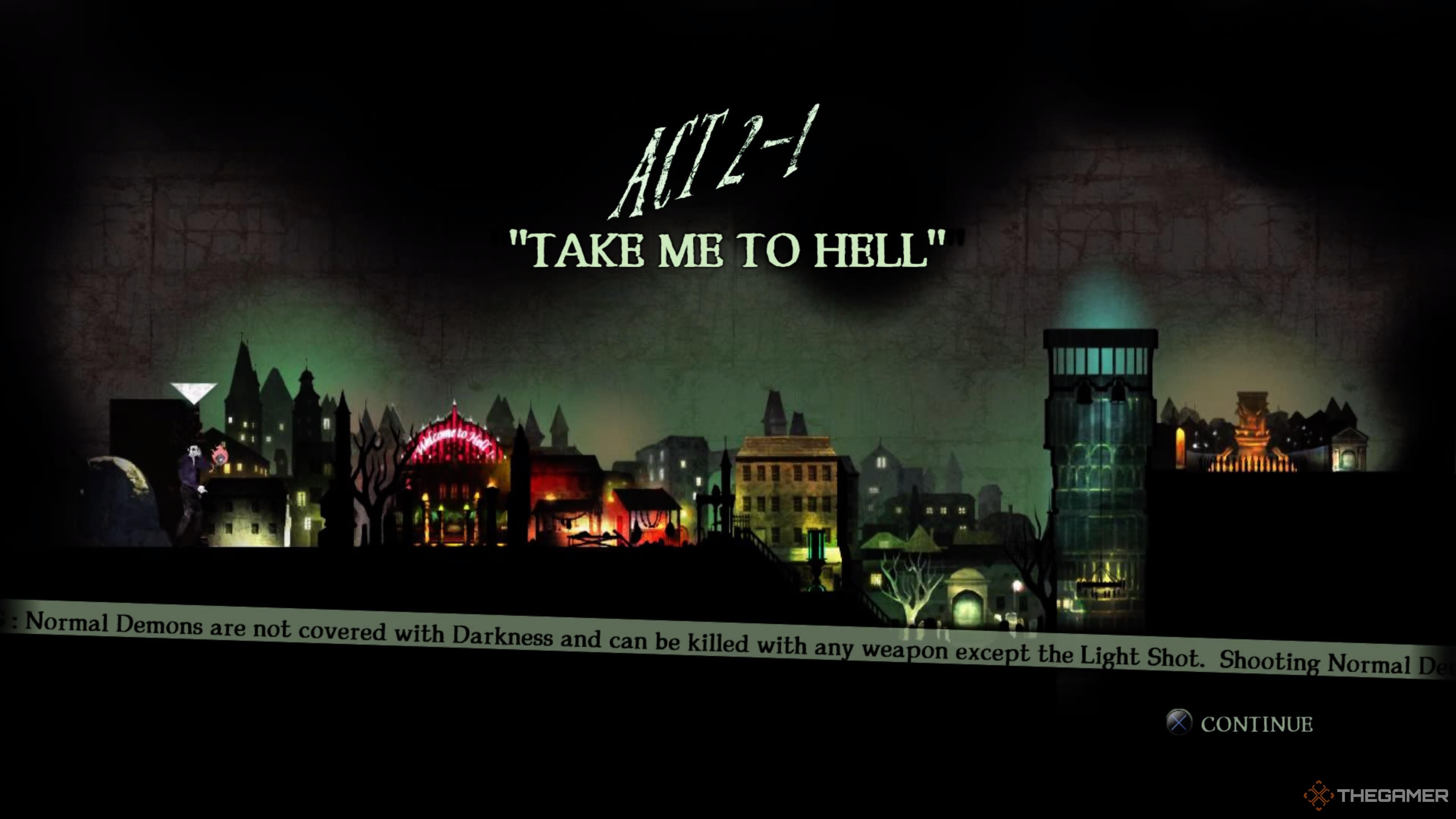 A menu showing Garcia transitioning into Act 2 in Shadows of the Damned: Hella Remastered.