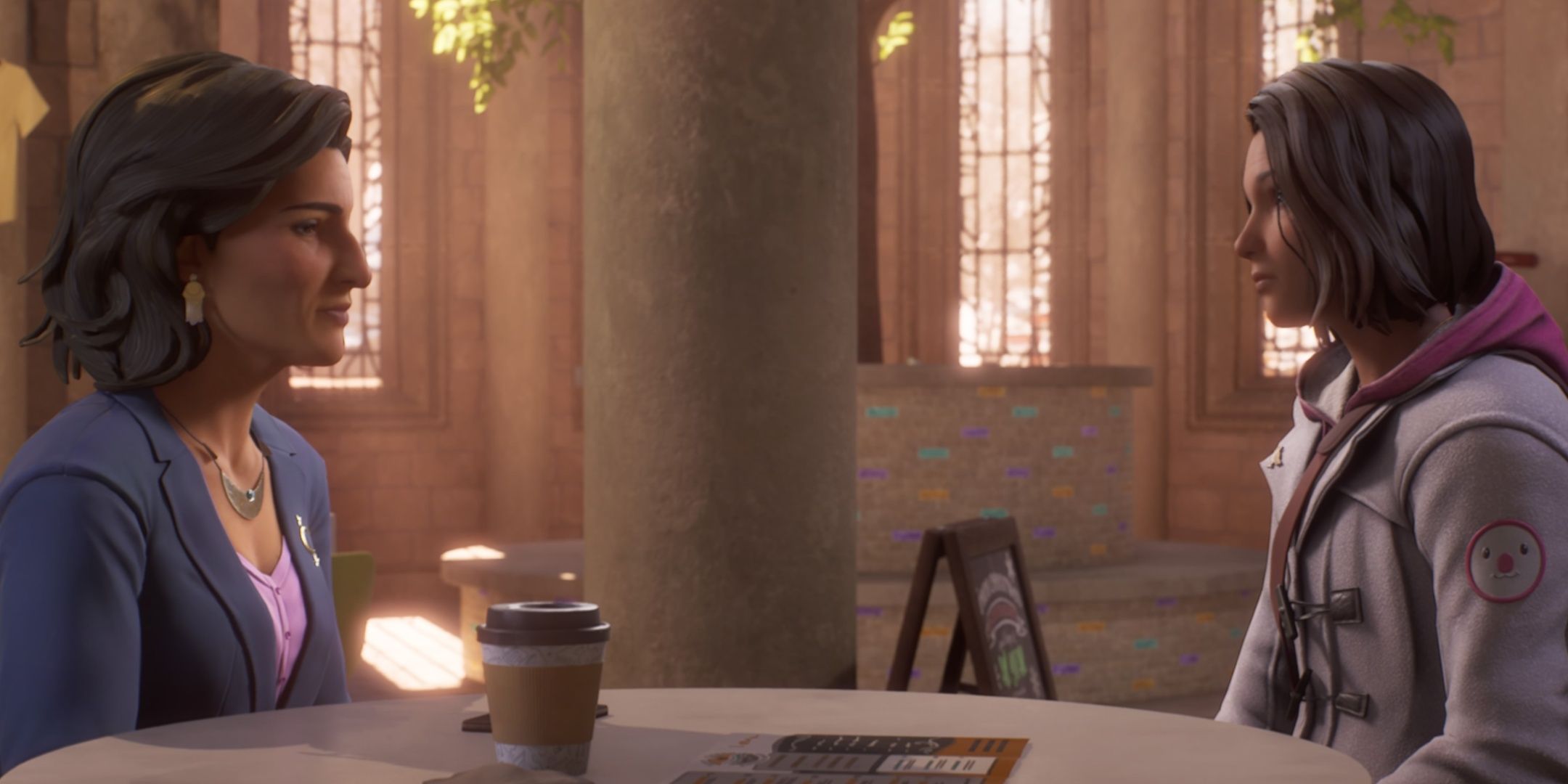 Yasmin and Max facing each other at a table in the Fine Arts Building in Life is Strange Double Exposure