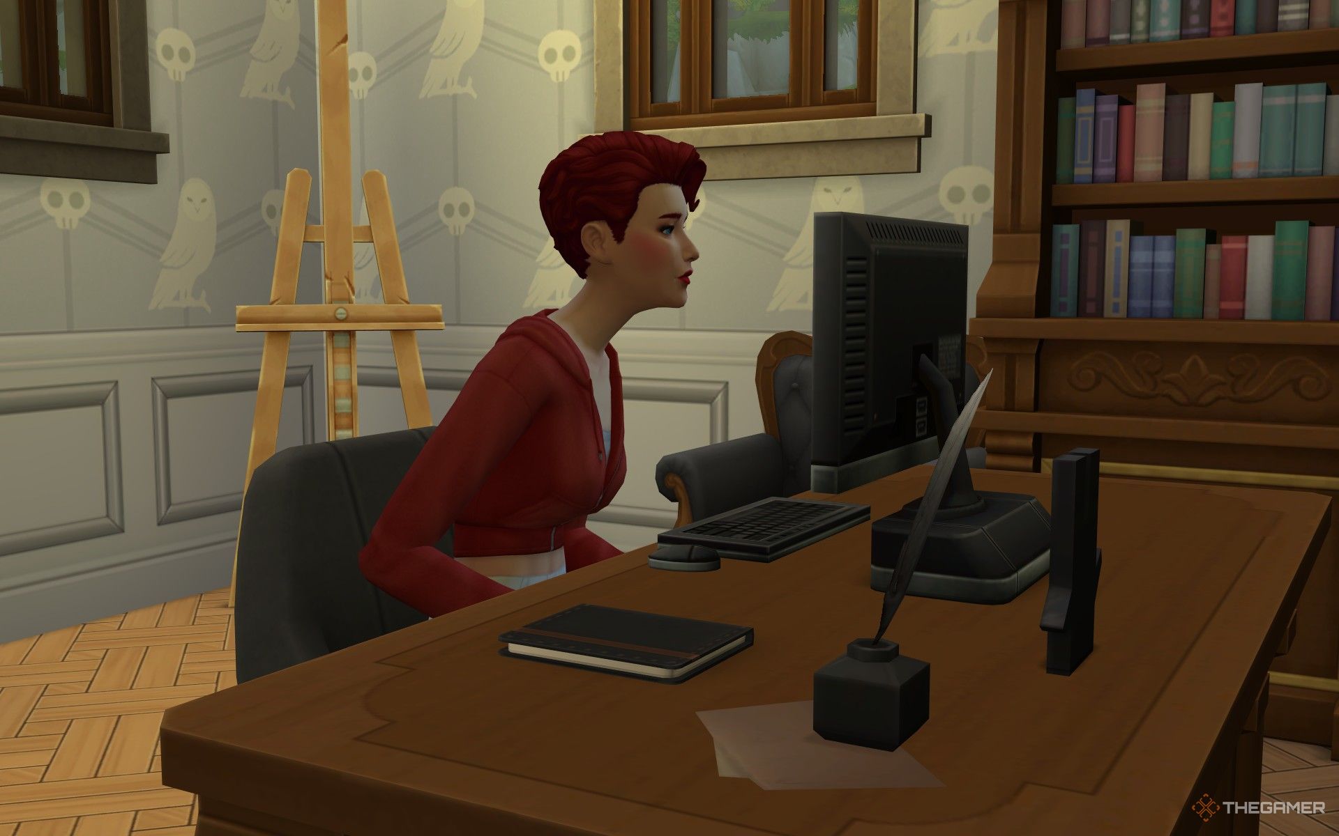 A Sim with a journal and quill at a computer writing a bucket list in The Sims 4 Life and Death.