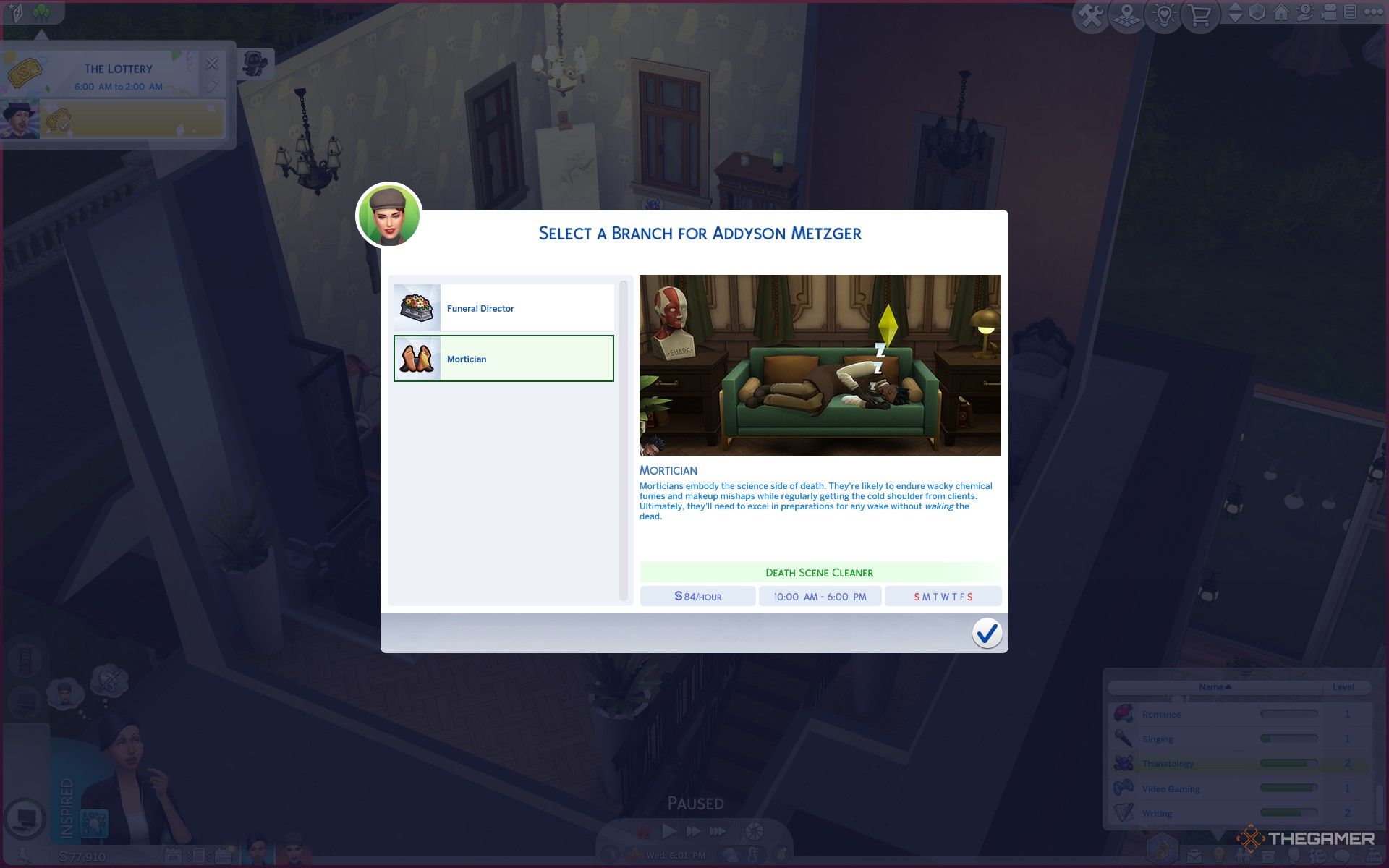 Selecting the Mortician branch in the Undertaker career in The Sims 4 Life and Death.-1