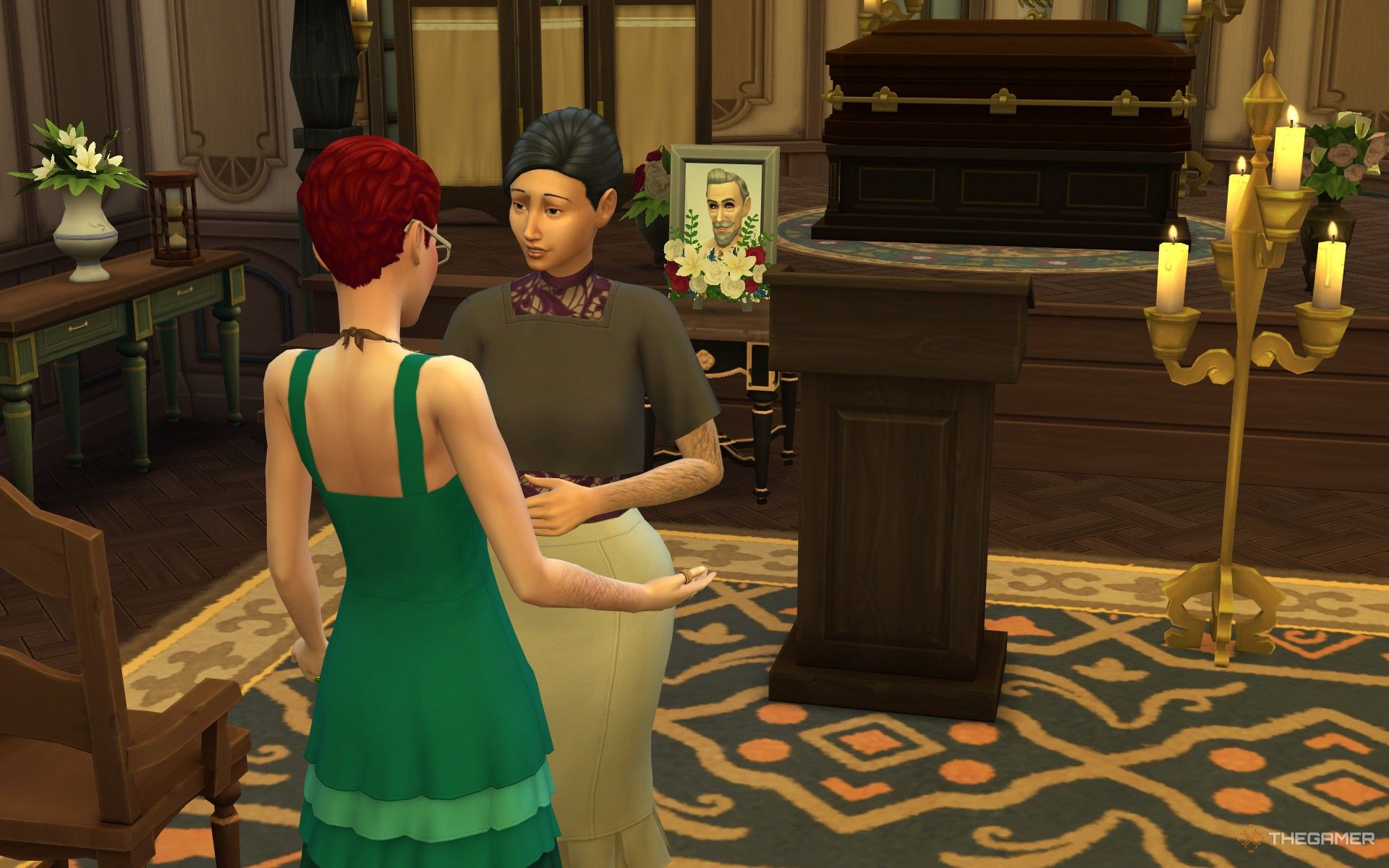 A funeral director consoling a mourer in The Sims 4 Life and Death.