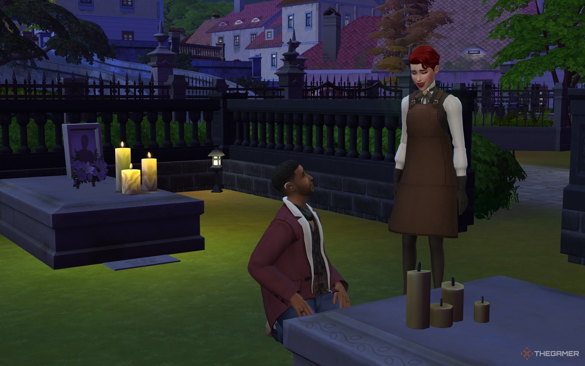 A sim talking to Ekade Aesther at the cemetery in The Sims 4 Life and Death.