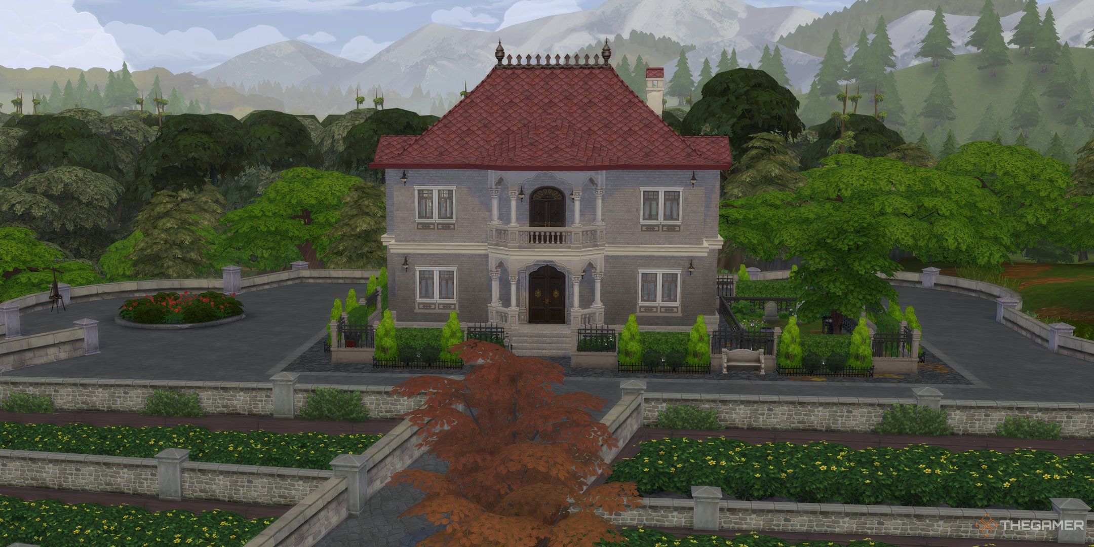 The Sims 4 Life and Death the mansion with edith and her wishing well behind it.