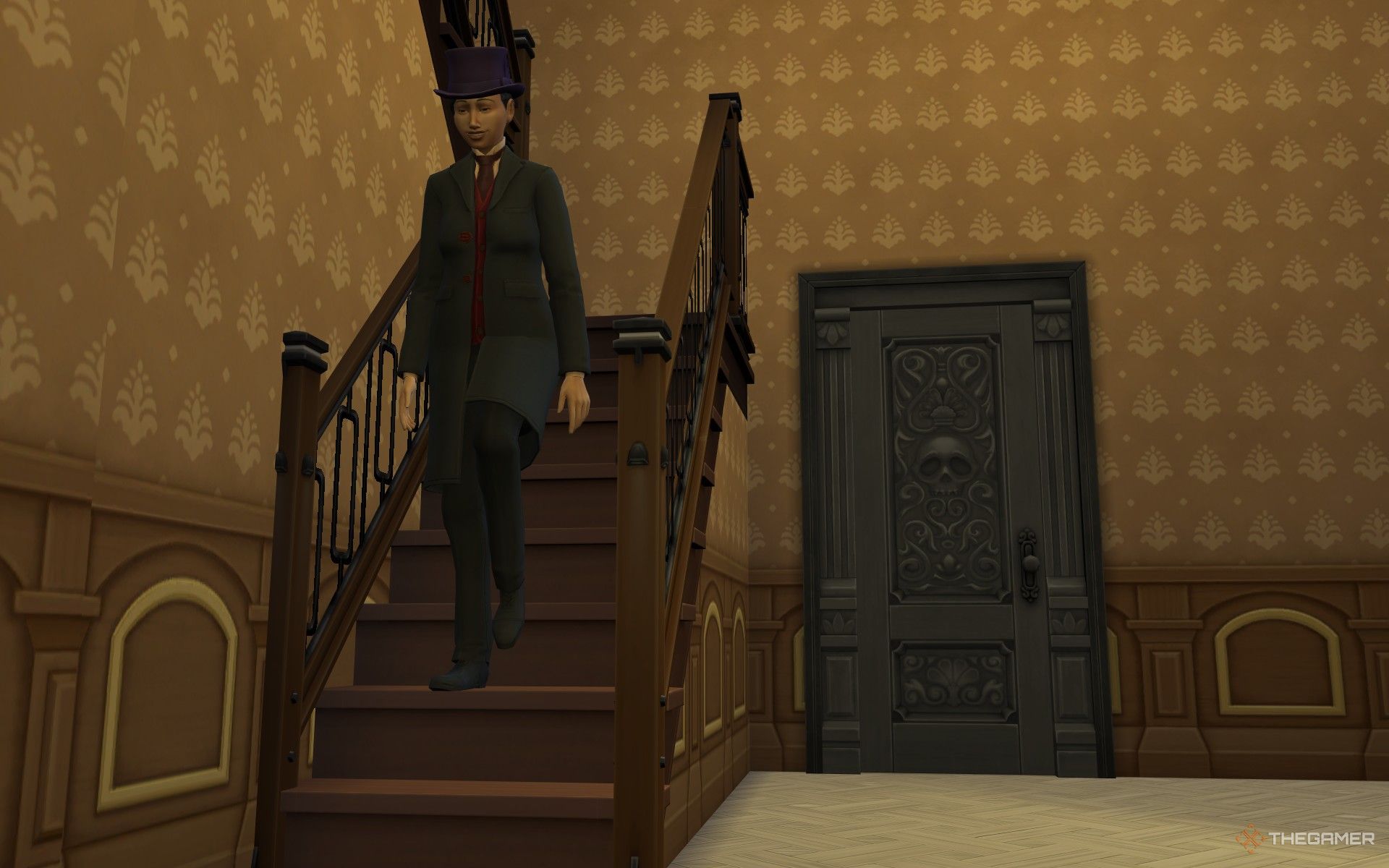 A Funeral Director Sim descending the stairs in one of the houses in Ravenwood in The Sims 4 Life and Death.