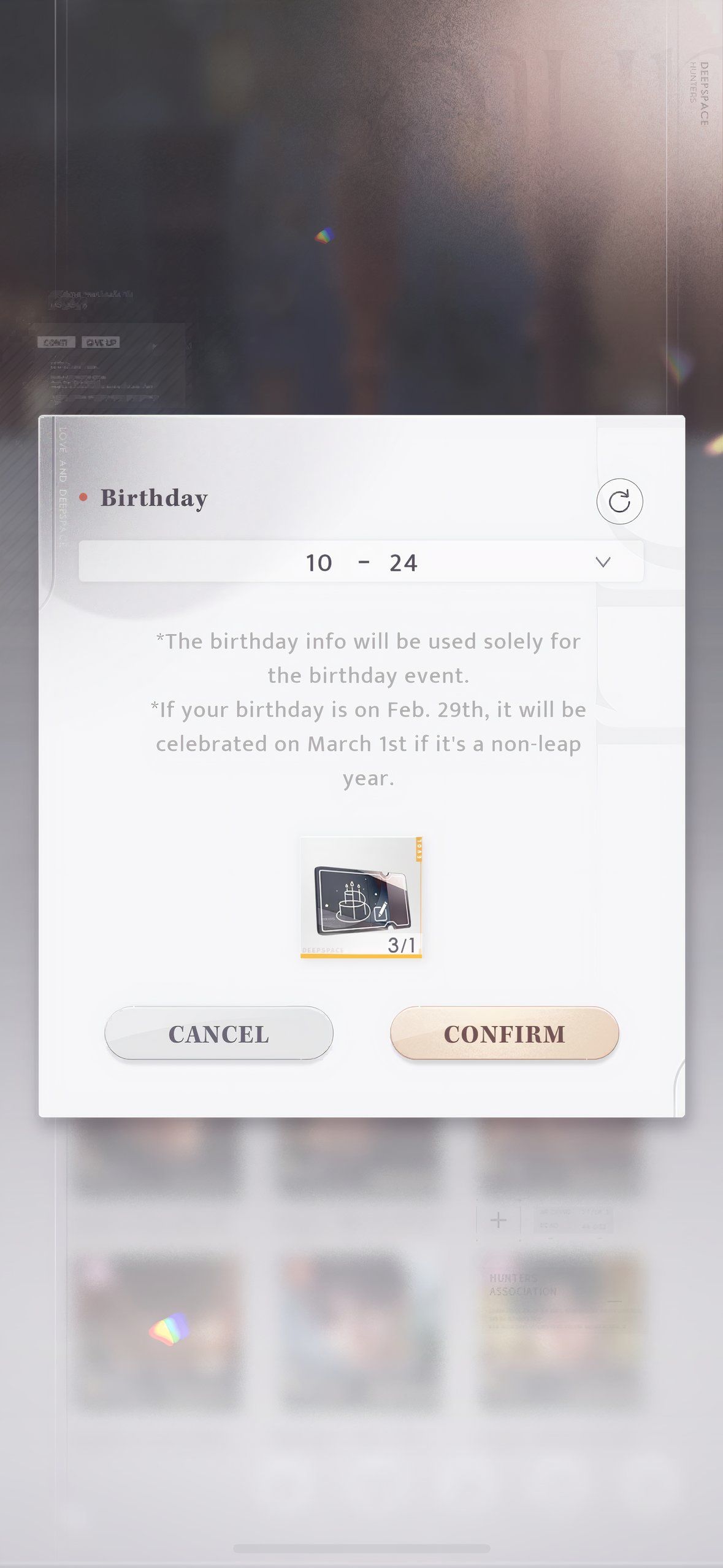 Love And Deepspace: An image of the Birthday Edit Pass in the Profile menu.