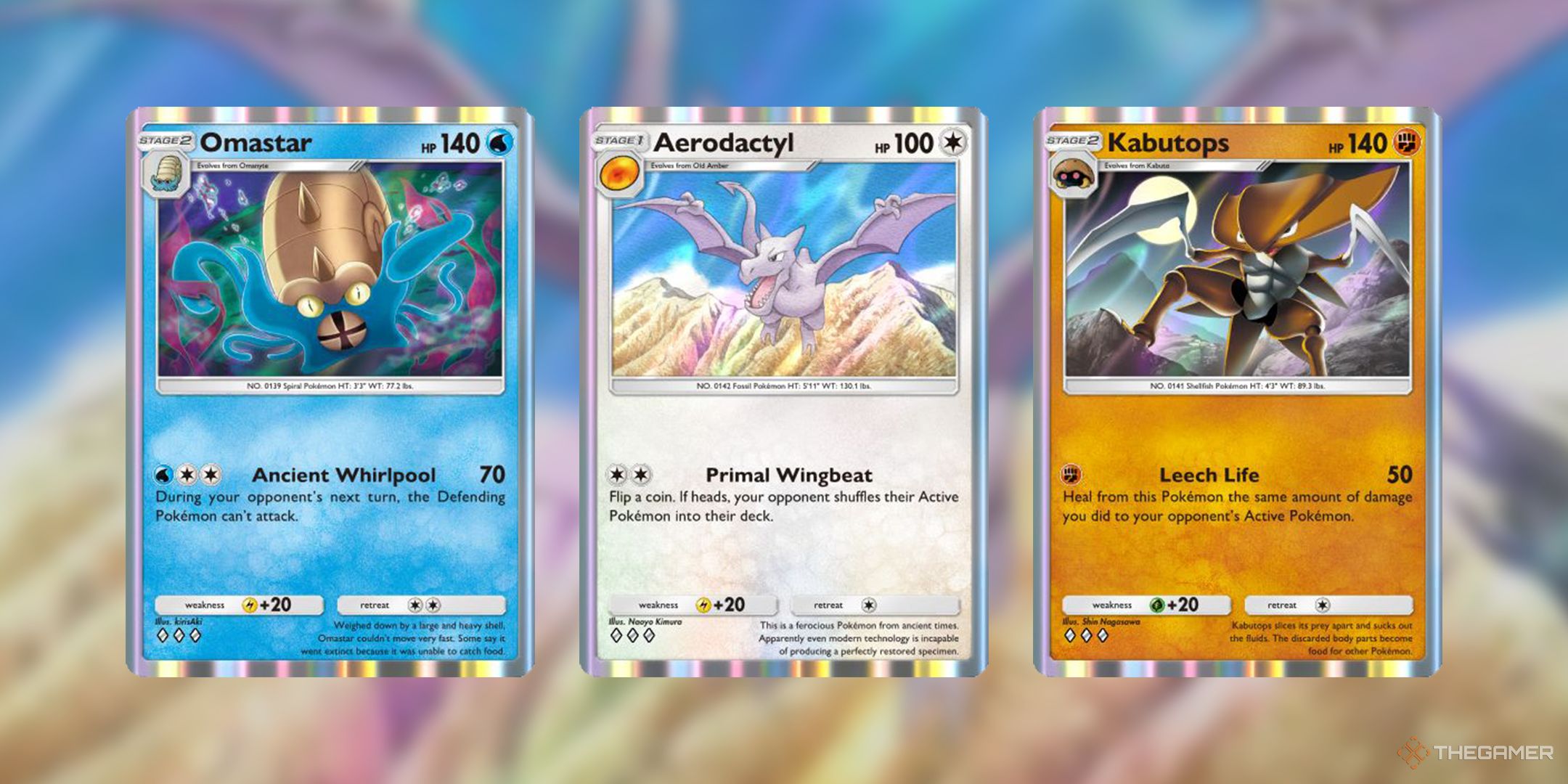 The highlight cards of the Kanto Fossils Deck, including Omastar, Aerodactyl, and Kabutops.