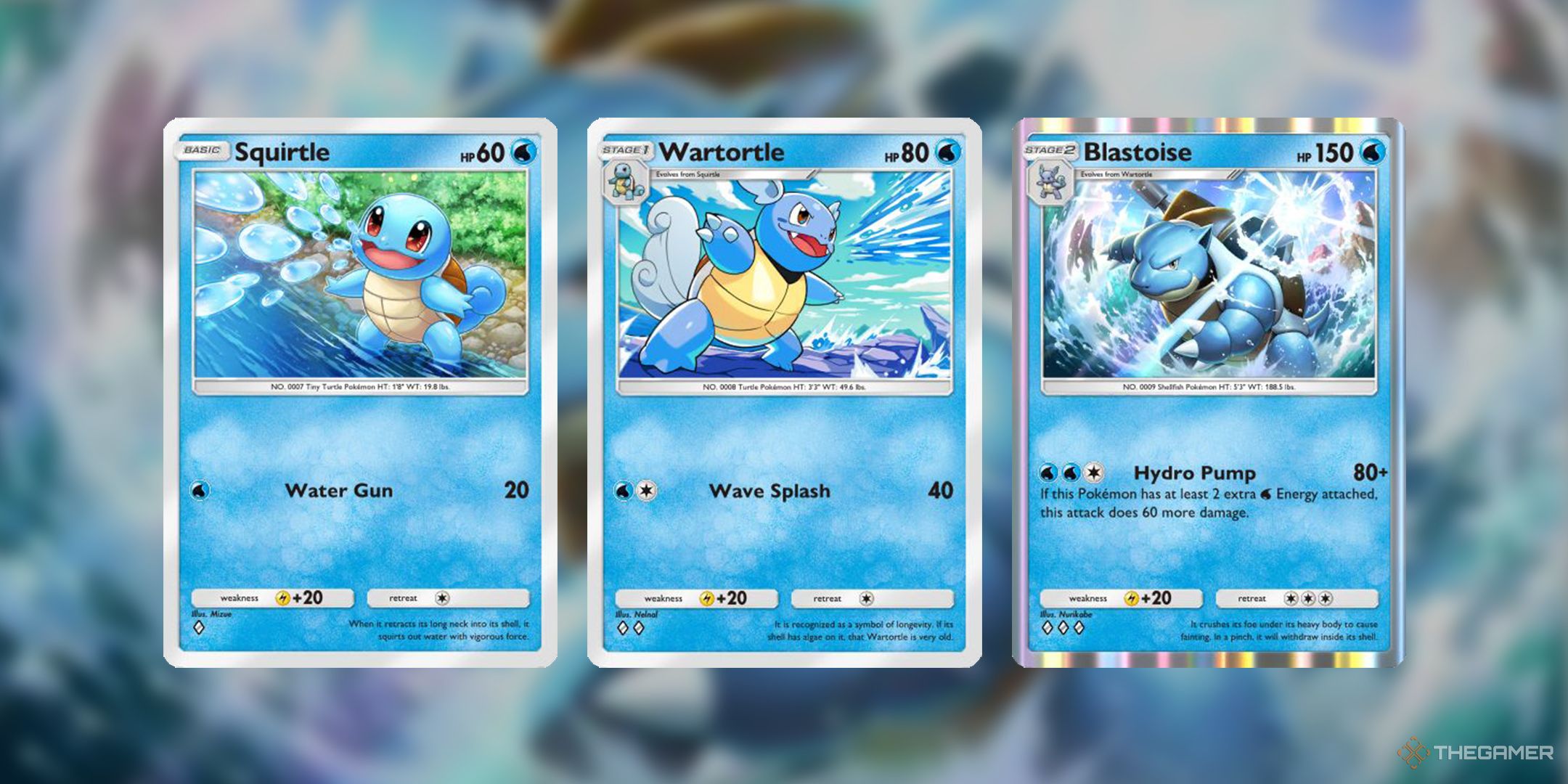 An image showing the Pokemon cards for Squirlte, Wartortle, and Blastoise, with a blurry Blastoise art in the background.