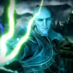 Dragon Age: The Veilguard screenshot showing Solas, a pale bald Elven mage, wielding lightning-like powers while grimacing